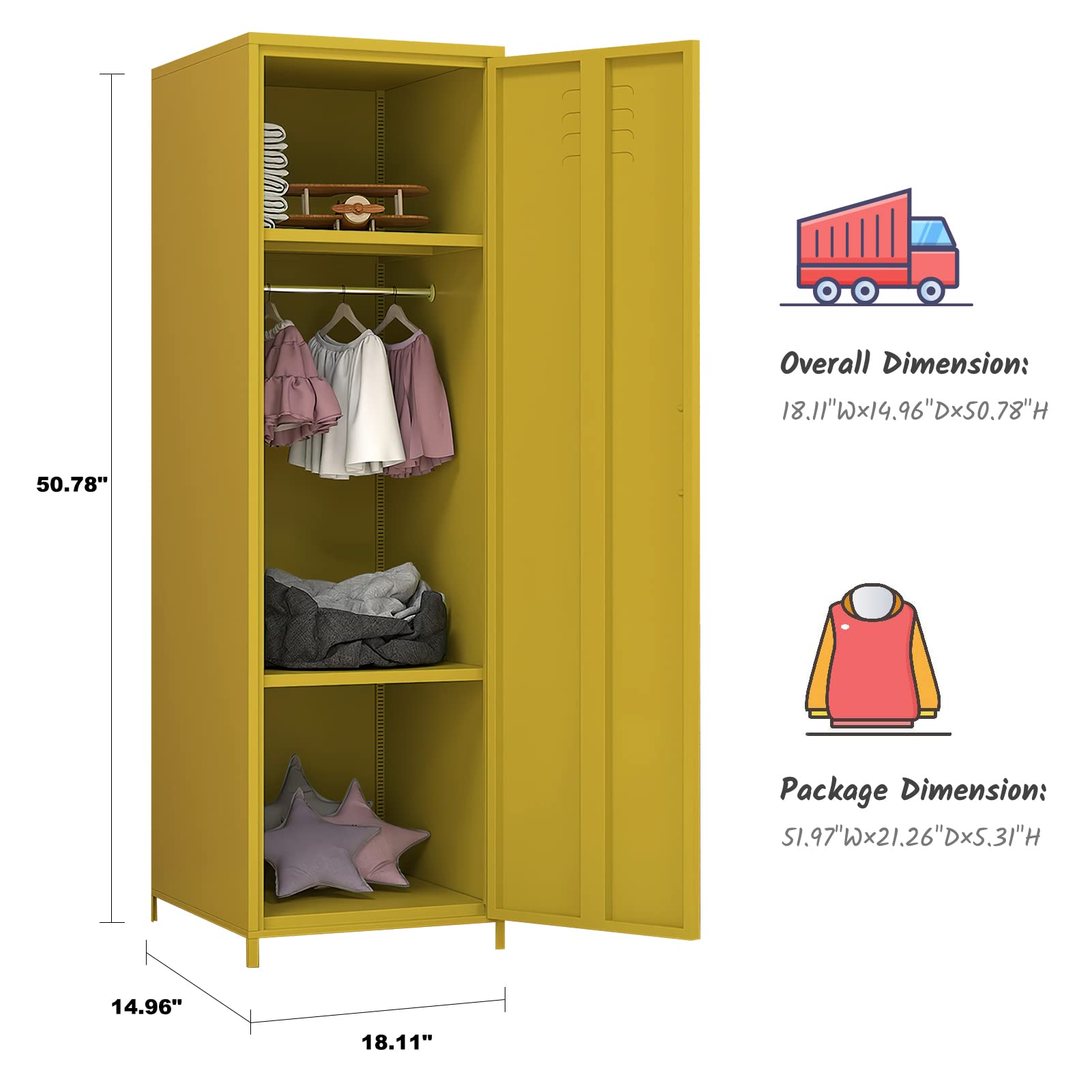 Steel Locker Cabinet with Hanging Rod & Shelves - Single Door Metal Storage Locker for Bedroom, School & Classroom - Organize Toys, Clothes & Accessories - Durable Yellow Storage Solution for Home & Office Use
