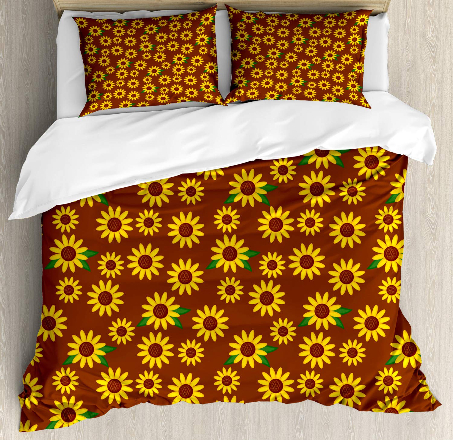 Ambesonne Sunflower Duvet Cover Set - Queen Size 3-Piece Bedding with 2 Pillow Shams, Vibrant Cartoon Blossoms & Green Leaves Nature Design in Brown Yellow Green | Perfect for Spring Bedroom Decor, Gardening Enthusiasts & Nature-Inspired Home Styling