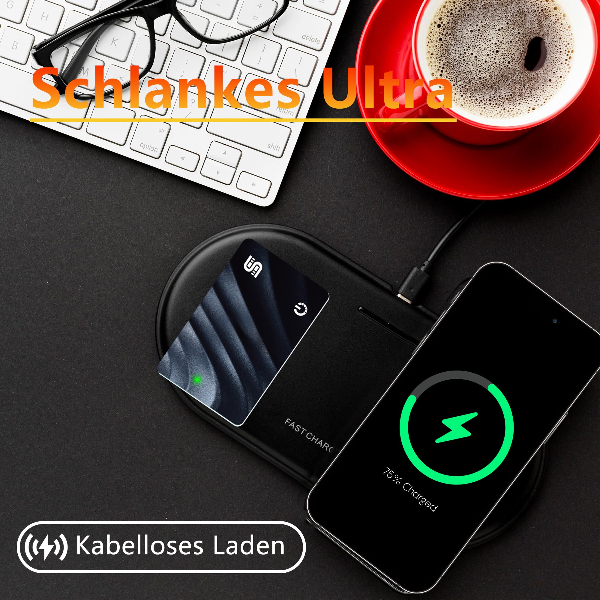Bluetooth Wallet Tracker with Wireless Charging - IP68 Waterproof Thin Key Finder for Luggage & Personal Items | Compatible with Apple Find My Network (iOS) | Perfect for Travel, Office & Daily Essentials Tracking