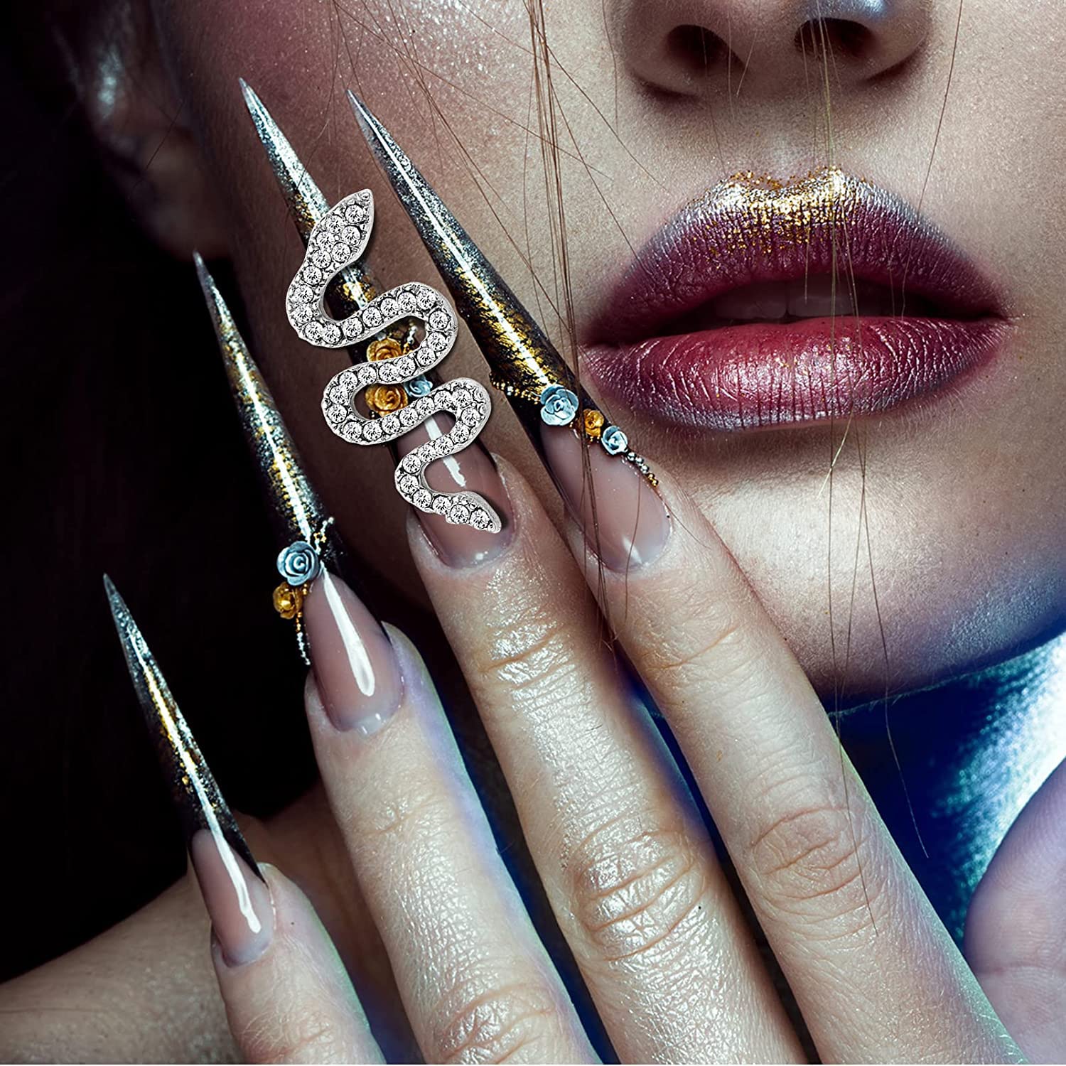 12pcs 3D Snake Nail Charms - Gold & Silver Alloy Nail Rhinestones for Acrylic Nails | Women's Nail Art Decorations | Perfect for Halloween, Gothic, or Party Nail Designs