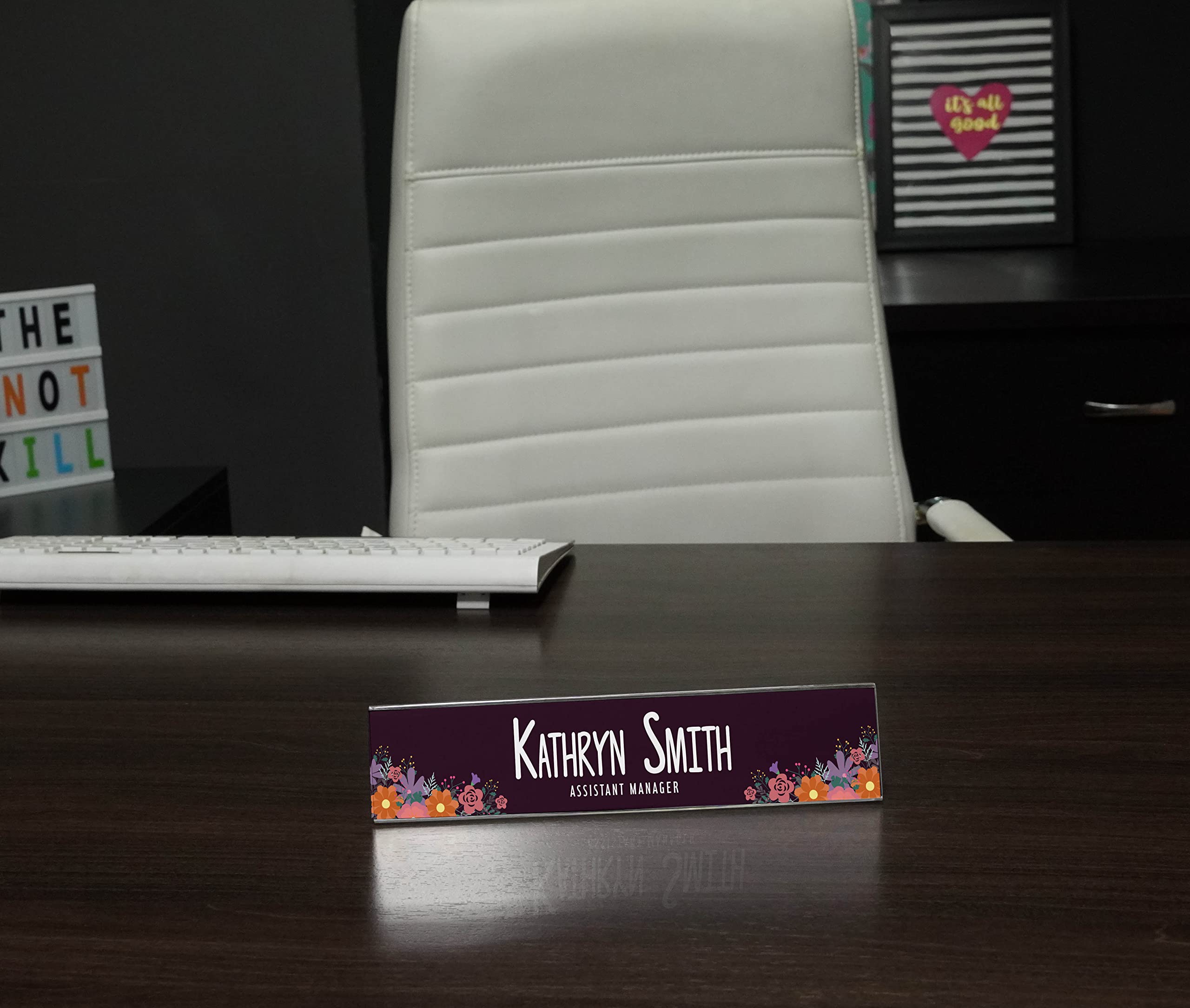 Personalized Acrylic Desk Name Plate - Custom Floral Office Name Sign (2x10 Inches) | Perfect for Workstations, Reception Desks & Home Office Decor
