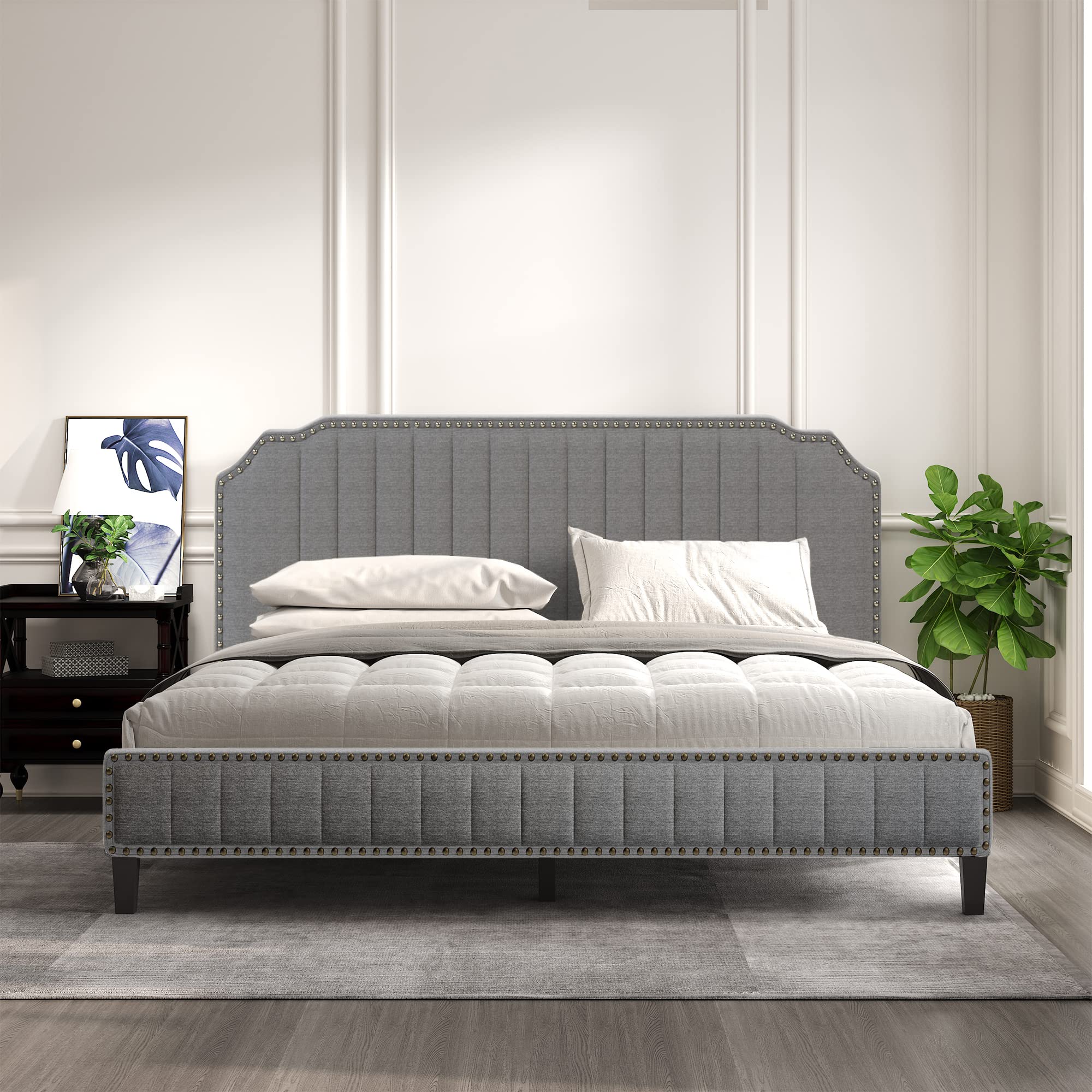 Modern King Size Linen Platform Bed with Headboard & Wood Frame for Bedroom