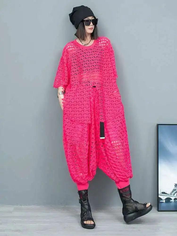 Big Size Mesh T-Shirt & Wide Leg Pants Two-Piece Set - Women's Fashion Round Neck Short Sleeve Outfit for Spring Summer 2025 | Casual Wear, Beach Vacation, Street Style (Style# 1DH6432)