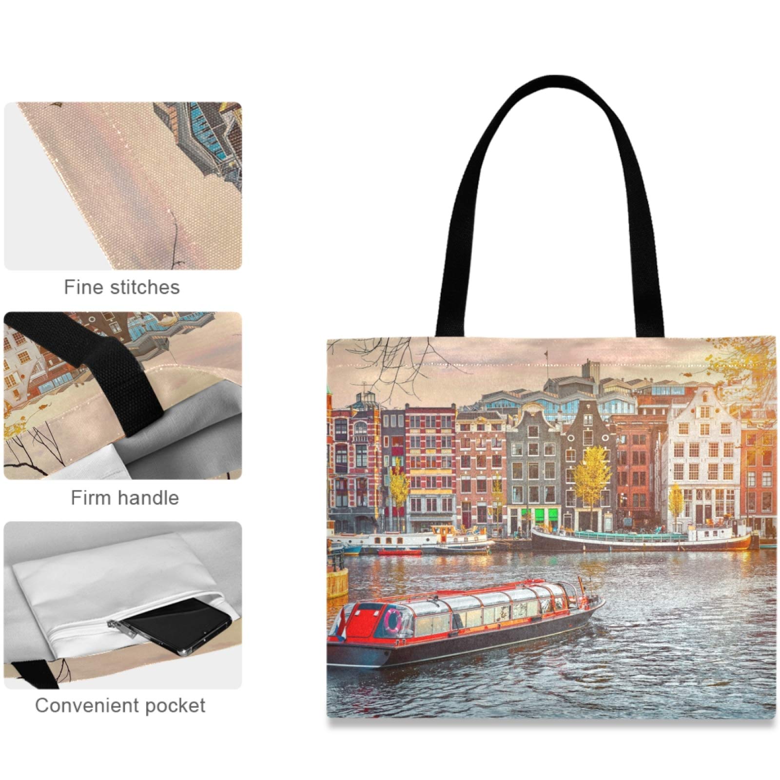 Visesunny Women's Extra Large Tote Bag - Amsterdam Netherlands Print, Durable Shoulder Bag for Beach, Travel, Grocery Shopping & Daily Use | Reusable Storage Handbag for Work, Commute & Weekend Outings