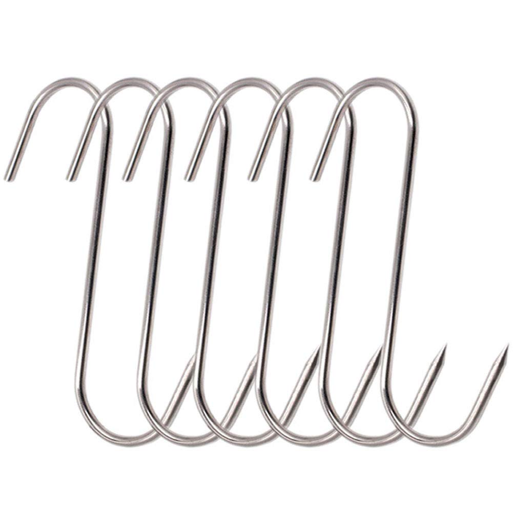 RJWKAZ 5-Inch Stainless Steel S Hooks for Meat, Poultry, BBQ, Grilling & Smoking - Heavy Duty 6-Pack - Perfect for Kitchen, Butcher Shop & Outdoor Cooking