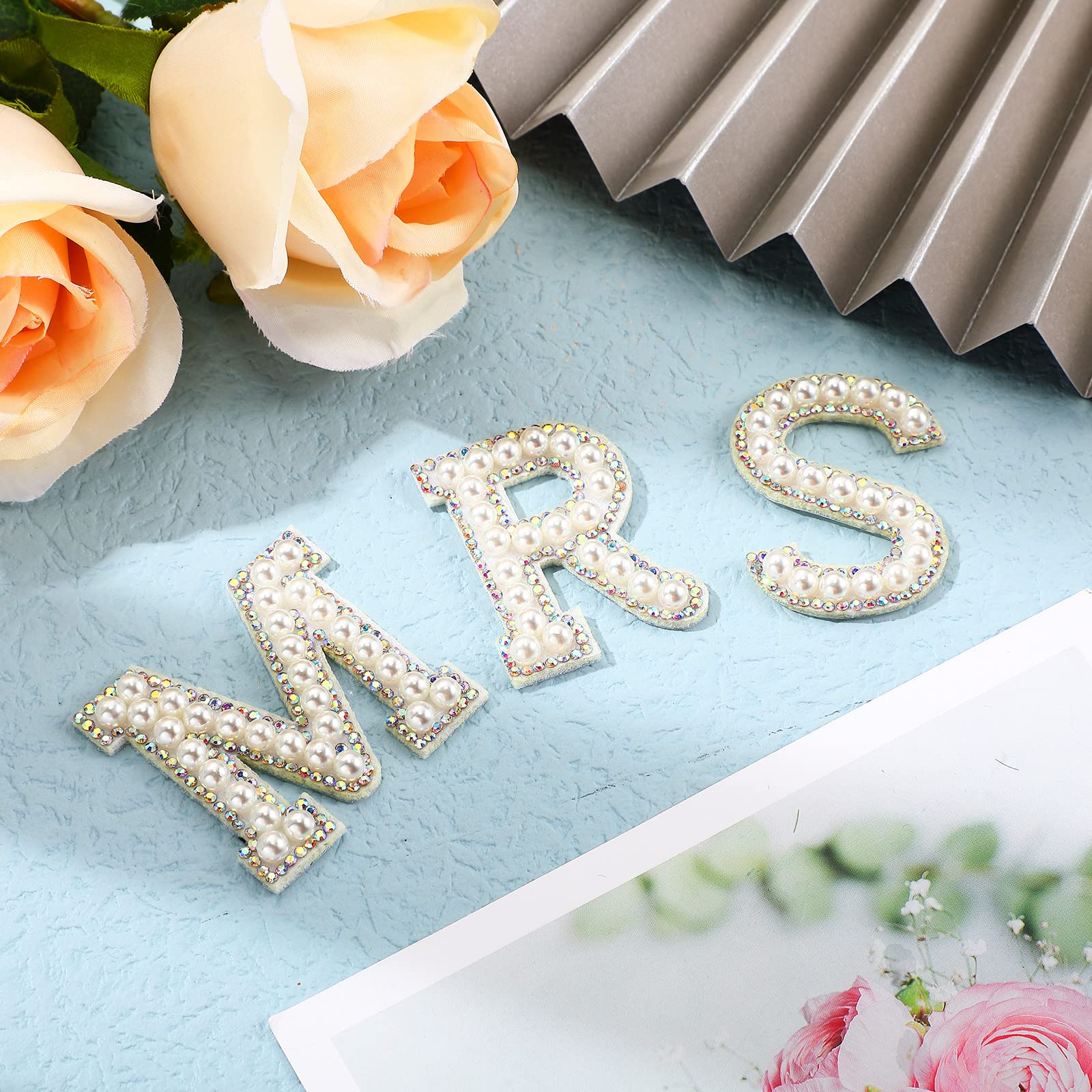 12 Pcs Pearl Letter Patches - Iron On Rhinestone Alphabet Appliques for Clothing, DIY Bride & Bridesmaid Outfits, Custom T-Shirts, Jeans & Fabric Decor - Perfect for Weddings, Parties & Crafting