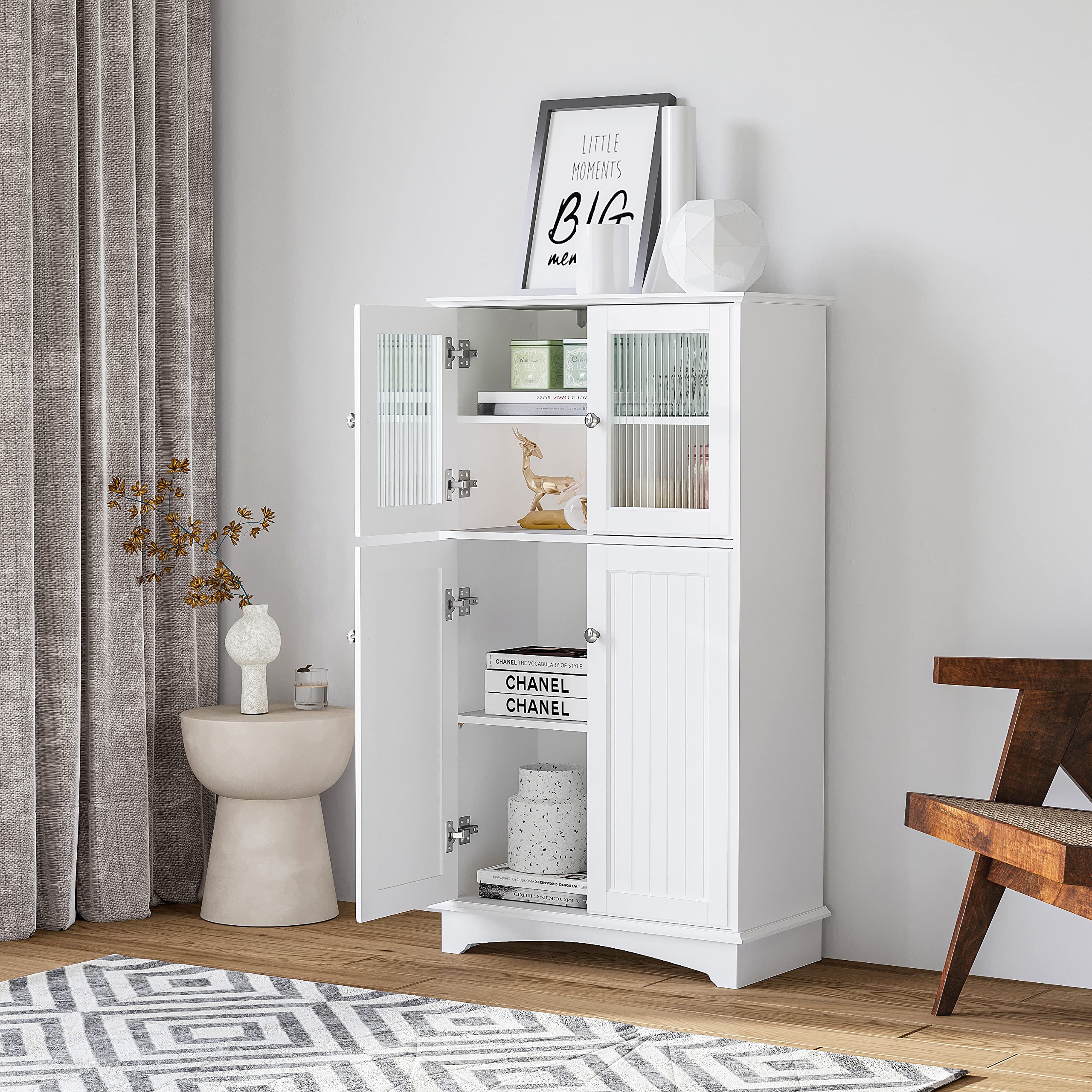 White Wooden Bathroom Storage Cabinet - Freestanding Floor Organizer for Bathroom, Living Room & Bedroom | Space-Saving Home Decor Solution