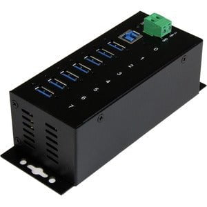 7-Port Industrial USB 3.0 Hub with 15kV ESD & 350W Surge Protection - DIN Rail/Surface Mount Metal Housing - Wide 7-48V DC Terminal Block Power Input - Ideal for Factory Automation & Machine Control Systems