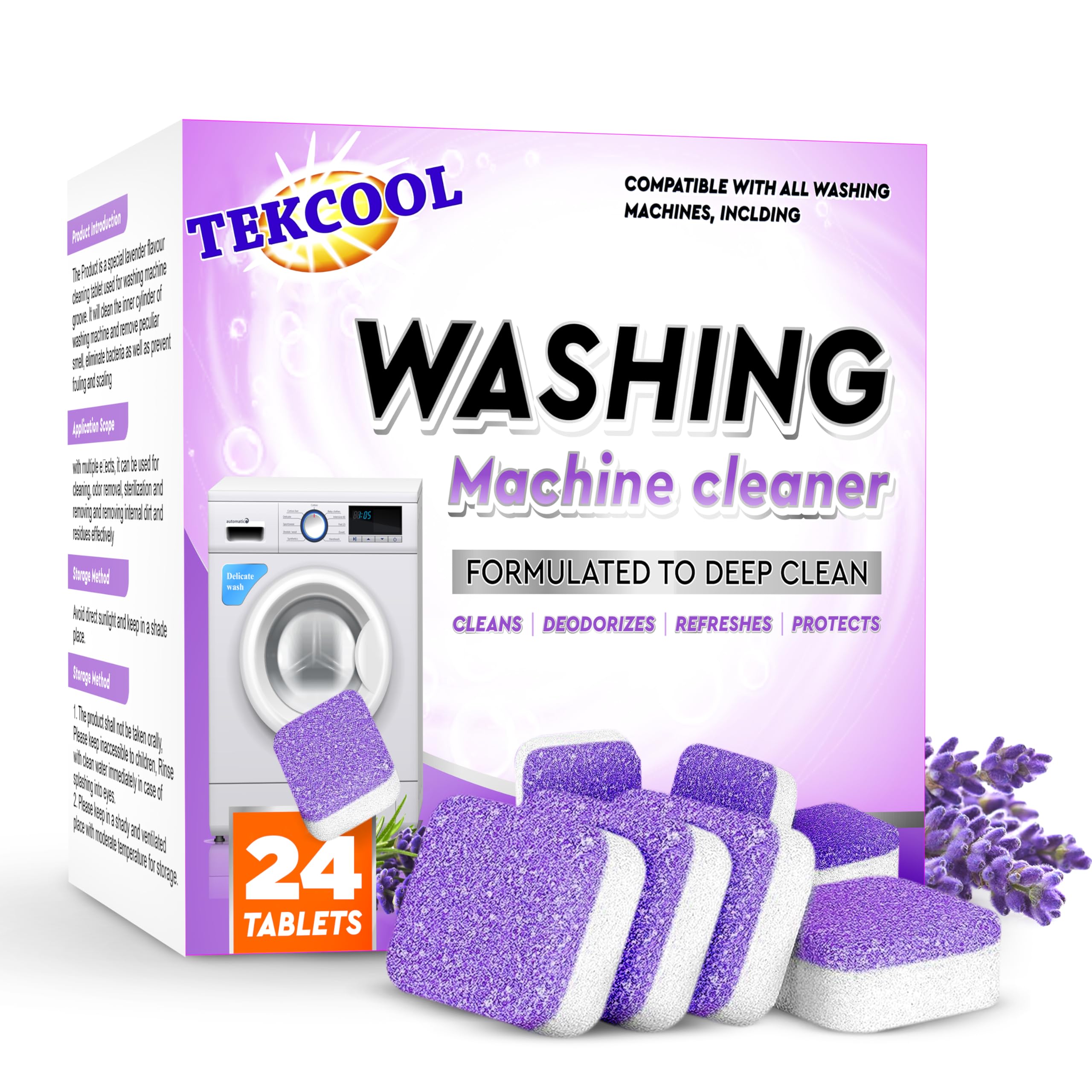TEKCOOL Washing Machine Cleaner Tablets - 24 Pack Lavi Lavender Scented Descaling Powder for Deep Cleaning Front & Top Load Washers | Removes Odor, Mold & Residue | Ideal for Laundry Day, Home Cleaning & Appliance Maintenance