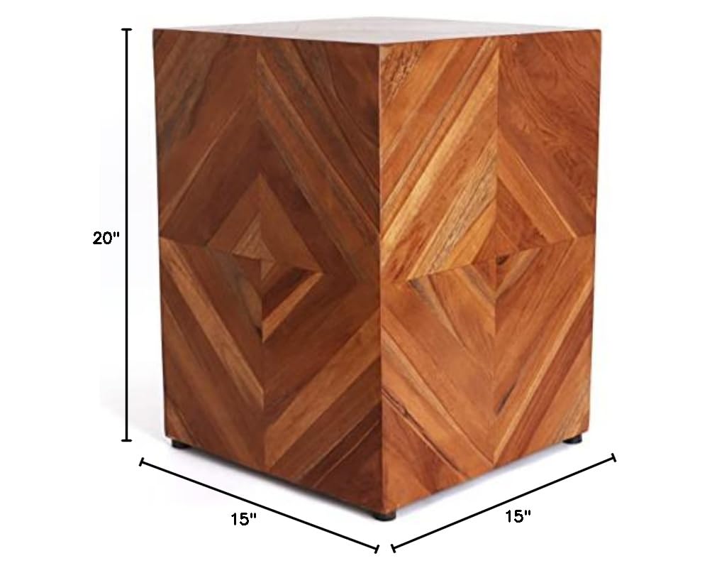 Teak Wood Garden Stool - Rustic Farmhouse End Table & Barn Door Style Side Table - Indoor Outdoor Patio Furniture - Perfect for Living Room, Bedroom, Deck or Garden Decor (Brown, Zen Style)