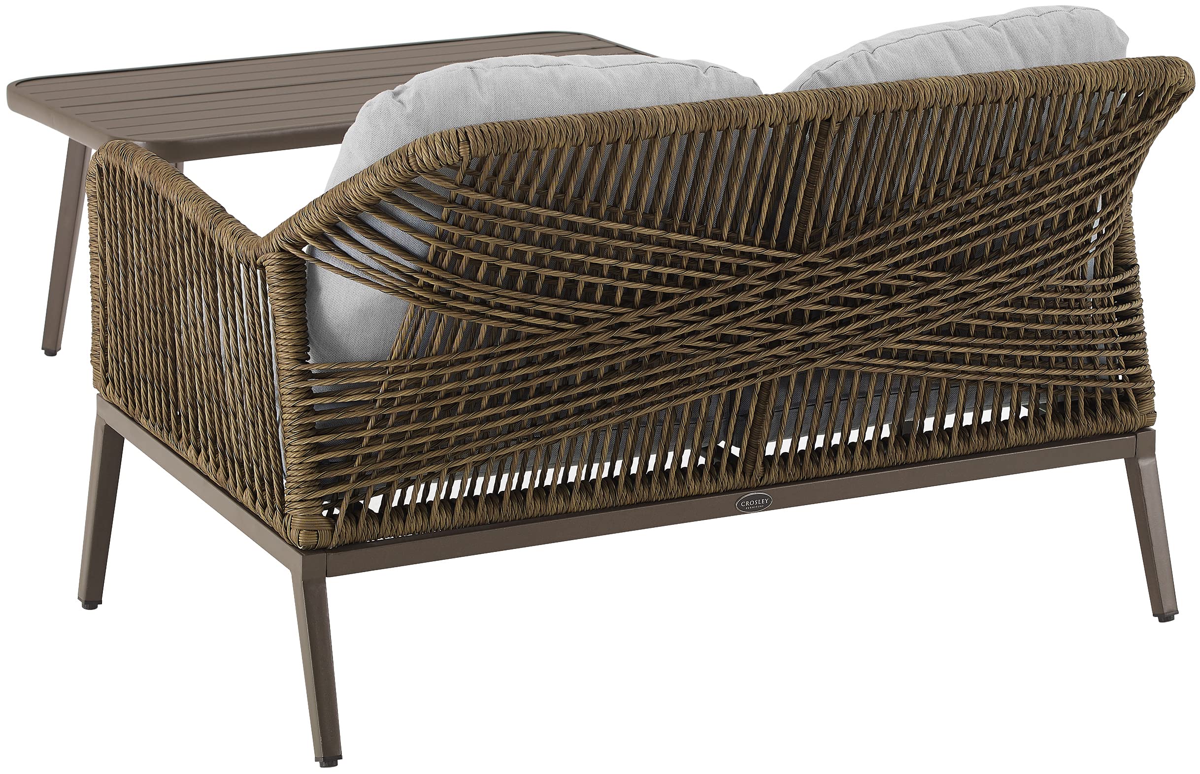 Crosley Furniture Haven 2-Piece Wicker Outdoor Coffee Table and Loveseat Set - Light Brown Patio Furniture with Gray Cushions for Porch, Garden & Backyard Relaxation