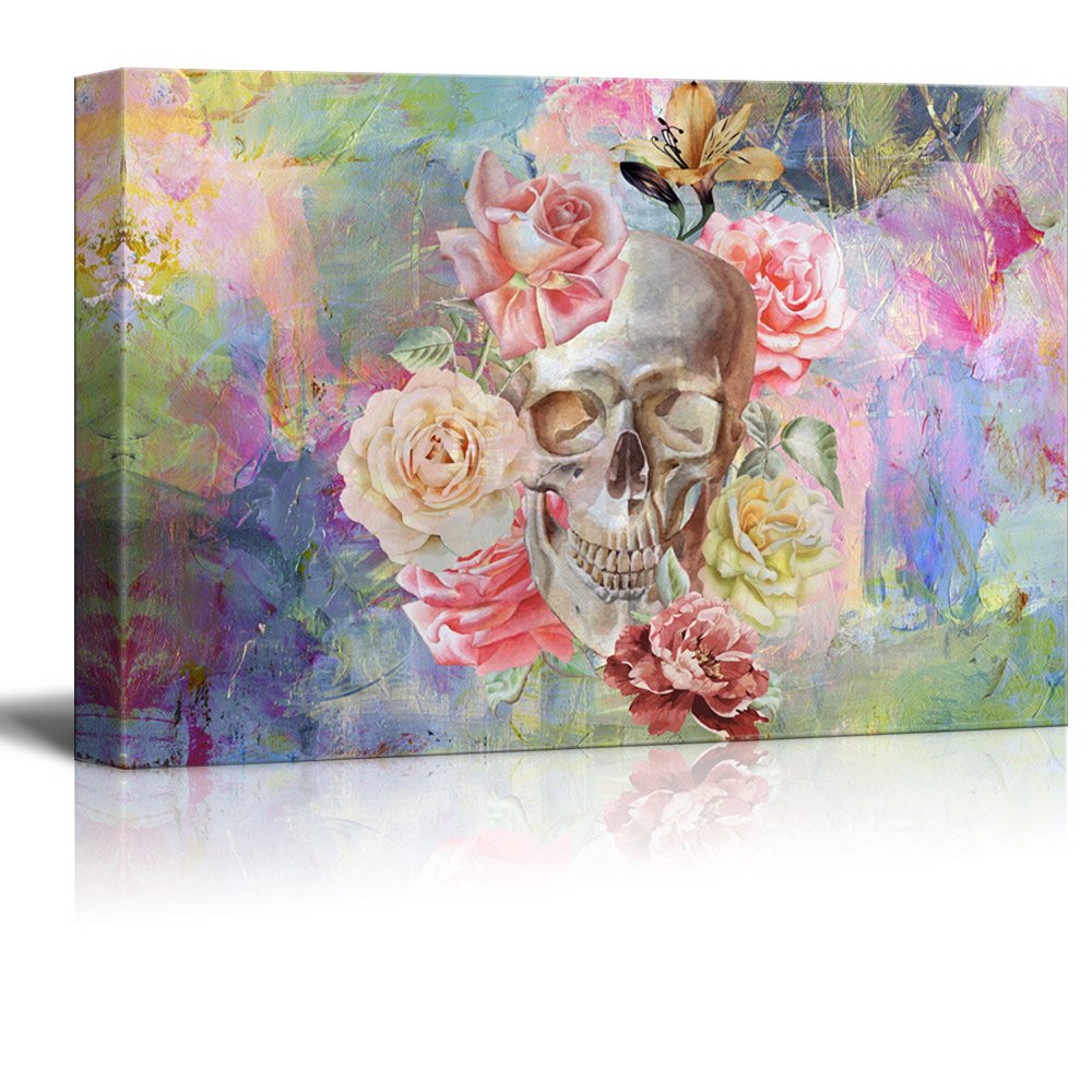 Wall26 - Skull and Roses Canvas Print Wall Art - Abstract Background Gallery Wrapped Modern Home Decor - 16x24 Inches - Ready to Hang - Perfect for Living Room, Bedroom or Office Decor
