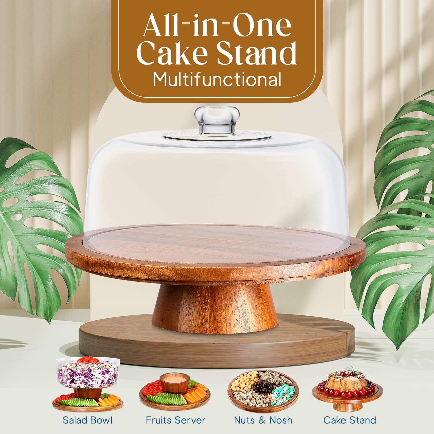 Homeries 6-in-1 Acacia Wood Cake Stand with Lid - Multi-Functional Serving Platter & Display Stand for Cakes, Desserts, Pastries - Perfect for Weddings, Parties, Bakery Display & Home Kitchen Decor
