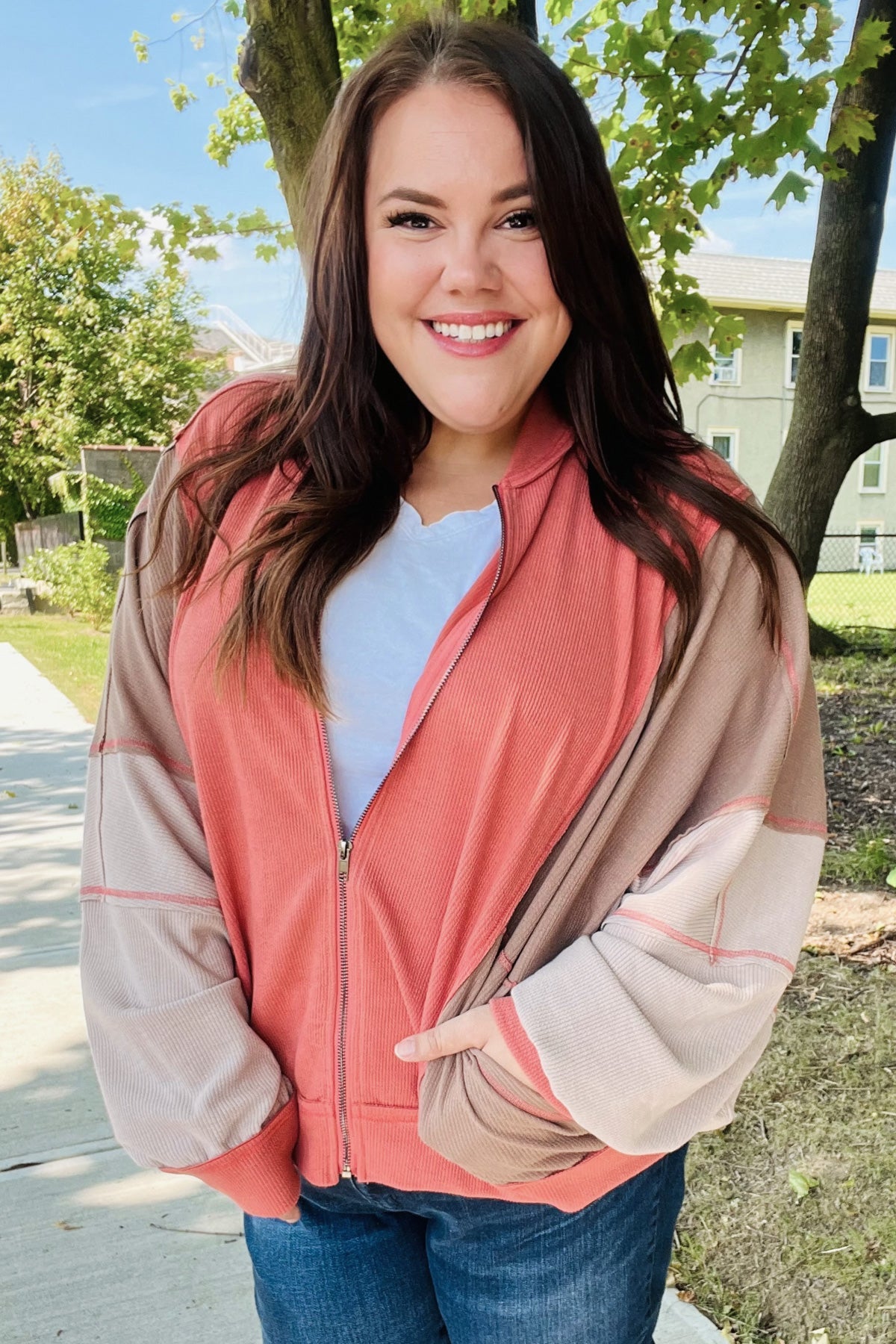 Boldy You Women's Camel Dolman Sleeve Colorblock Knit Bomber Jacket | Cozy Fall Outerwear for Casual Outings & Street Style Fashion