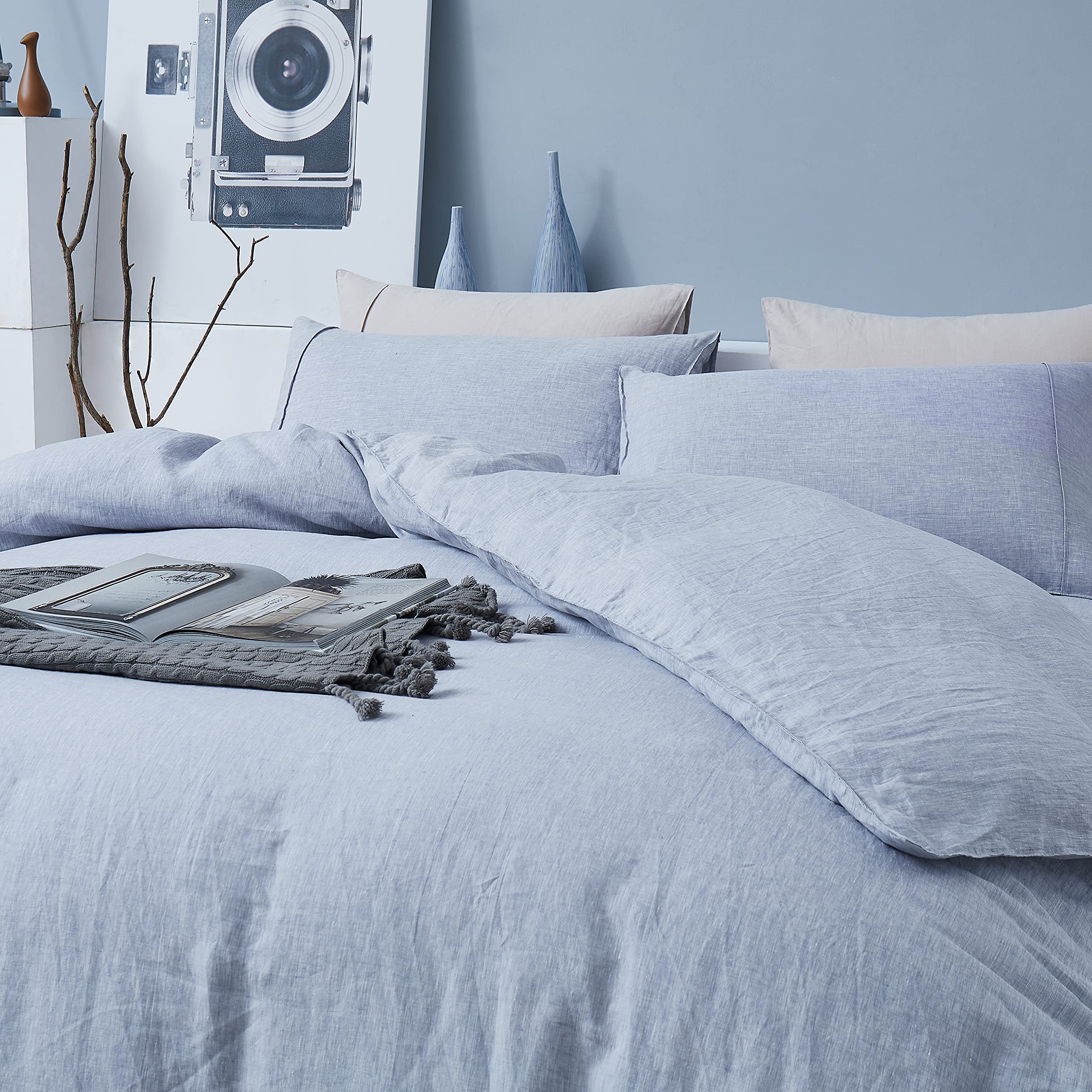 100% French Natural Linen Duvet Cover Set - Queen Size with Stone Washed YKK Zipper | Ultra Breathable & 100% Recyclable Linen Bedding | Includes 1 Duvet Cover & 2 Pillow Shams in Blue | Perfect for Eco-Friendly Home Decor & All-Season Comfort