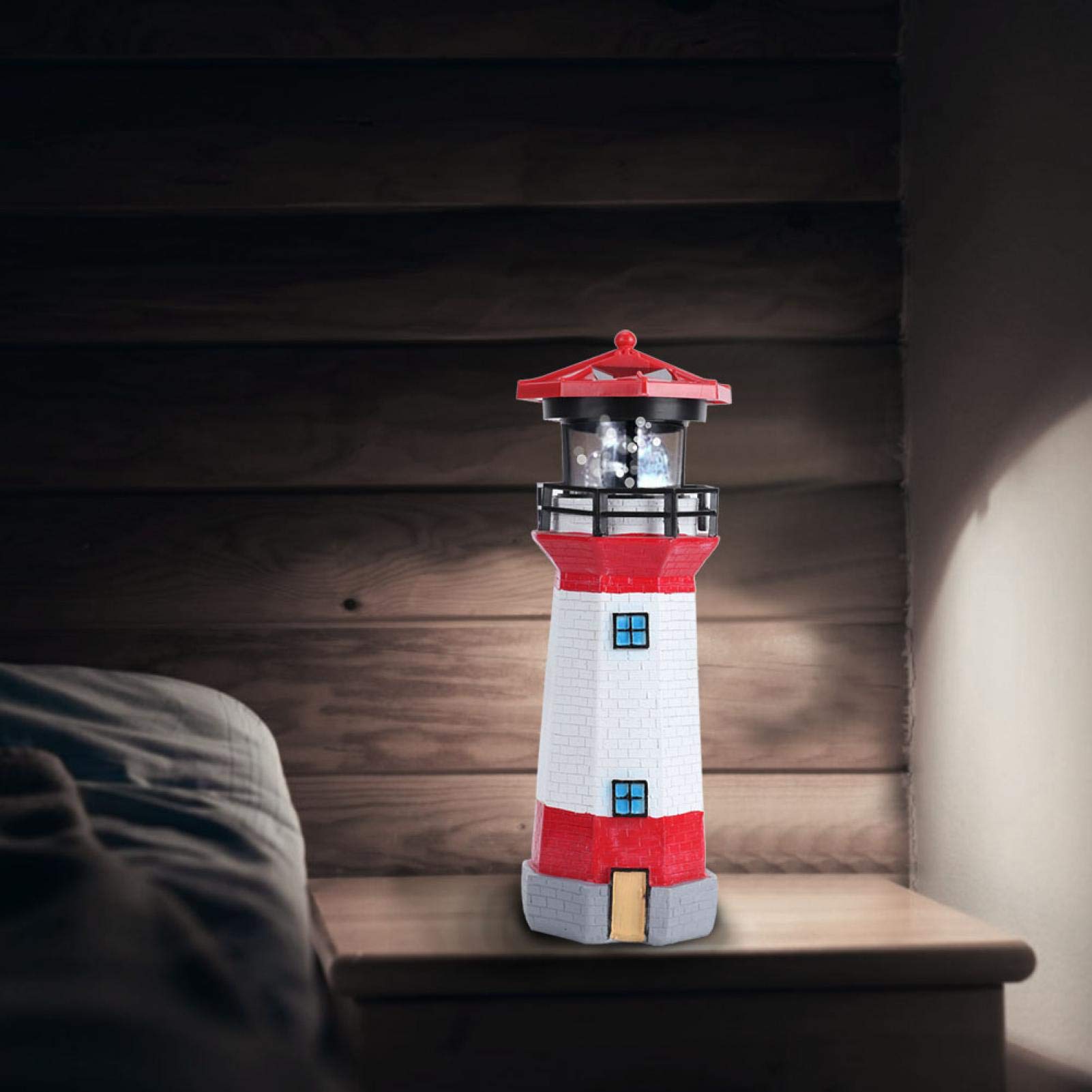 Voluxe Solar Lighthouse with Rotating Beacon - Fast Charging Yard Lights with 2 Solar Panels - Red and White Decorative Outdoor Light (10.6x3.9x3.9in) - Perfect for Garden, Patio, Lawn, and Tabletop Decor