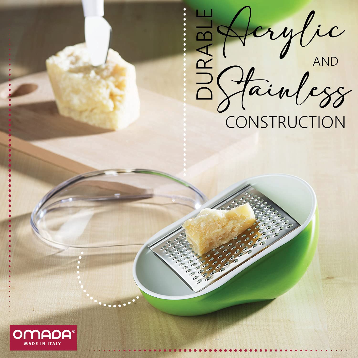 Omada Unique Small Cheese Grater with Storage Container & Domed Lid - Acrylic Casing & Stainless Steel Grater - Dishwasher Safe, BPA Free - Perfect for Kitchen, Camping & Travel Use