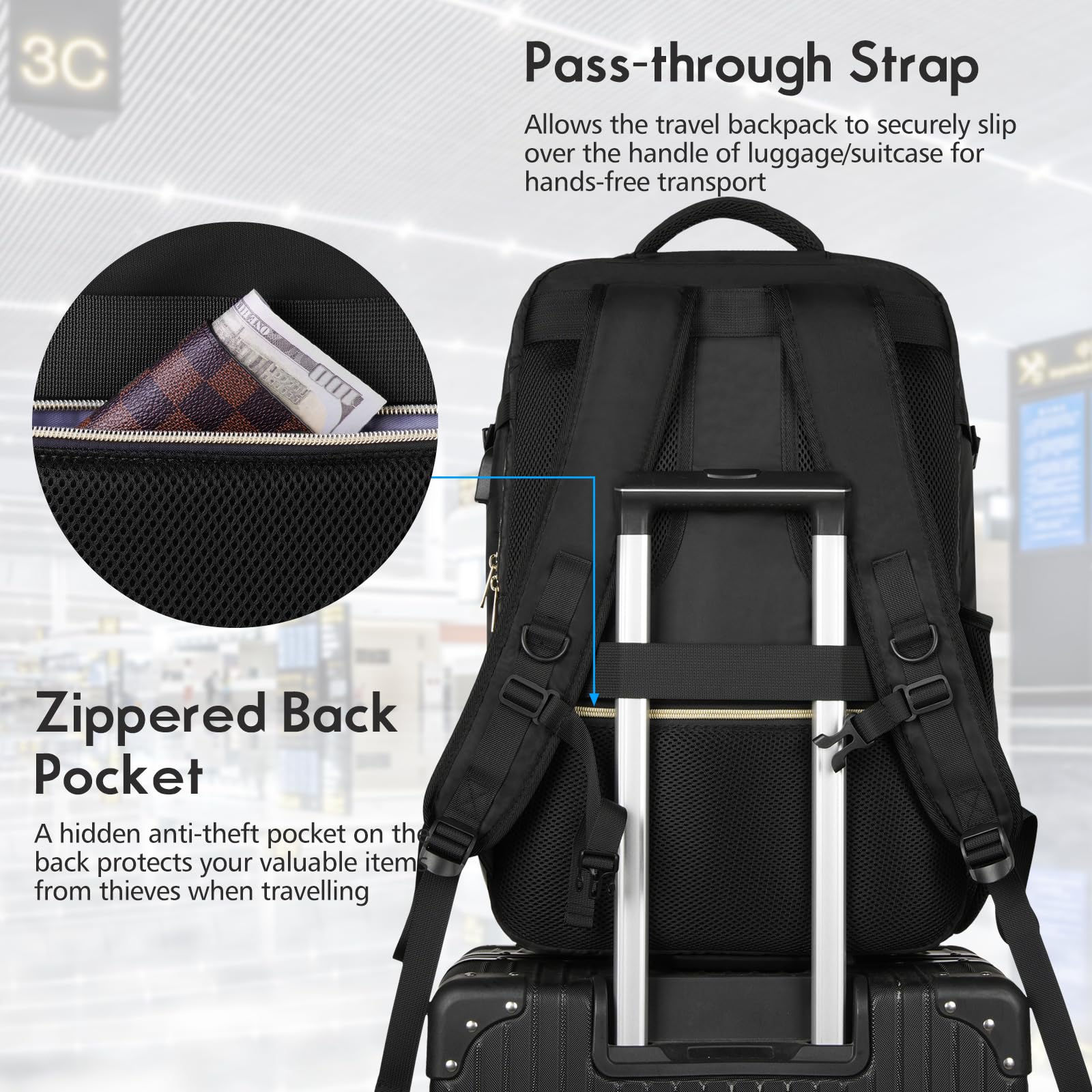 MOMUVO Women's Water-Resistant Carry On Backpack - Flight Approved Large Travel Laptop Backpack for Business & Weekender Trips - Perfect for Air Travel, Commuting & Office Use - Black