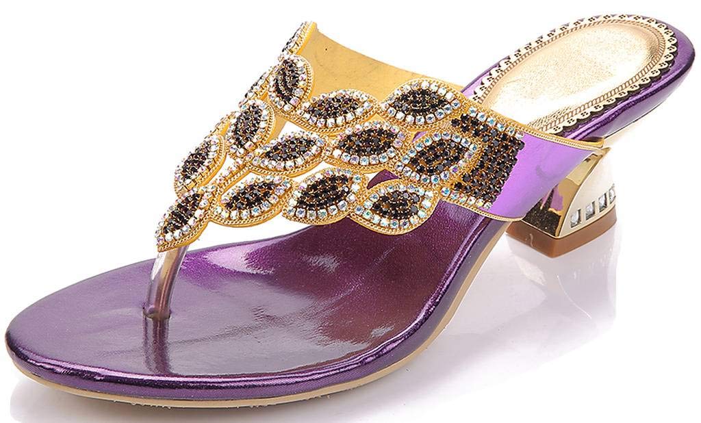 YooPrettyz Women's Summer Rhinestone Thong Sandals - Gold Glitter Chunky Low Heel Comfortable Beach Sandals for Vacation, Party, and Casual Outings