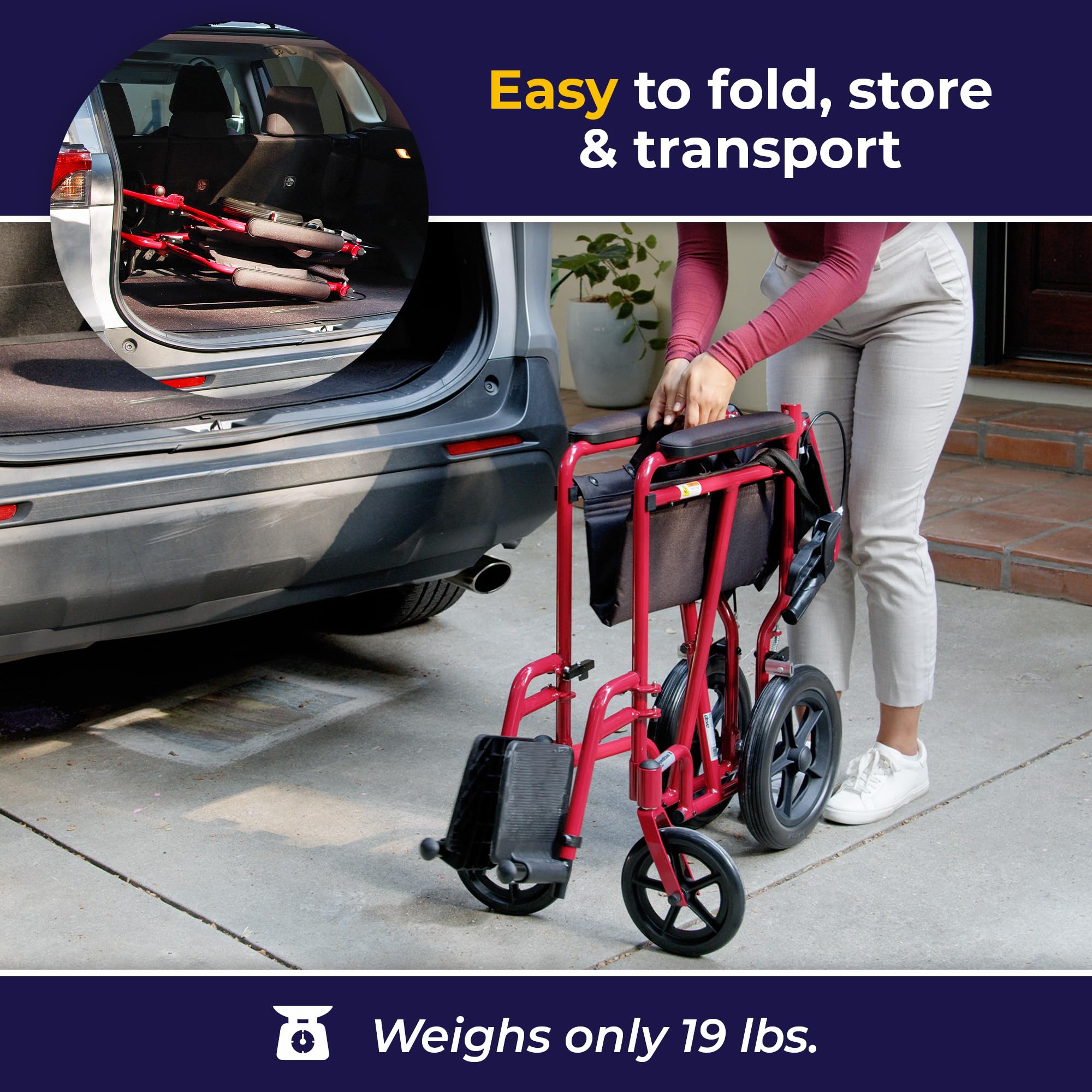 Drive Medical EXP19LTRD Lightweight Expedition Folding Transport Wheelchair with Hand Brakes - Ultra Lightweight Portable Wheelchair for Seniors & Adults - Red - Perfect for Travel, Doctor Visits & Indoor/Outdoor Mobility
