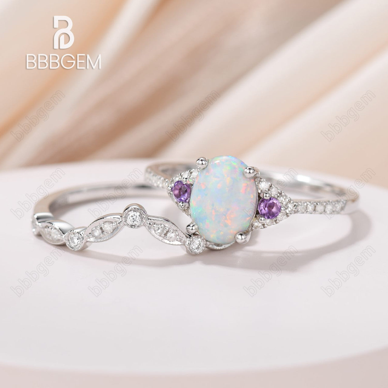 Vintage Art Deco Oval Opal Diamond Engagement Ring for Women - 14K Rose Gold Wedding Band with Amethyst Accent - Perfect for Proposals, Anniversaries & Special Occasions