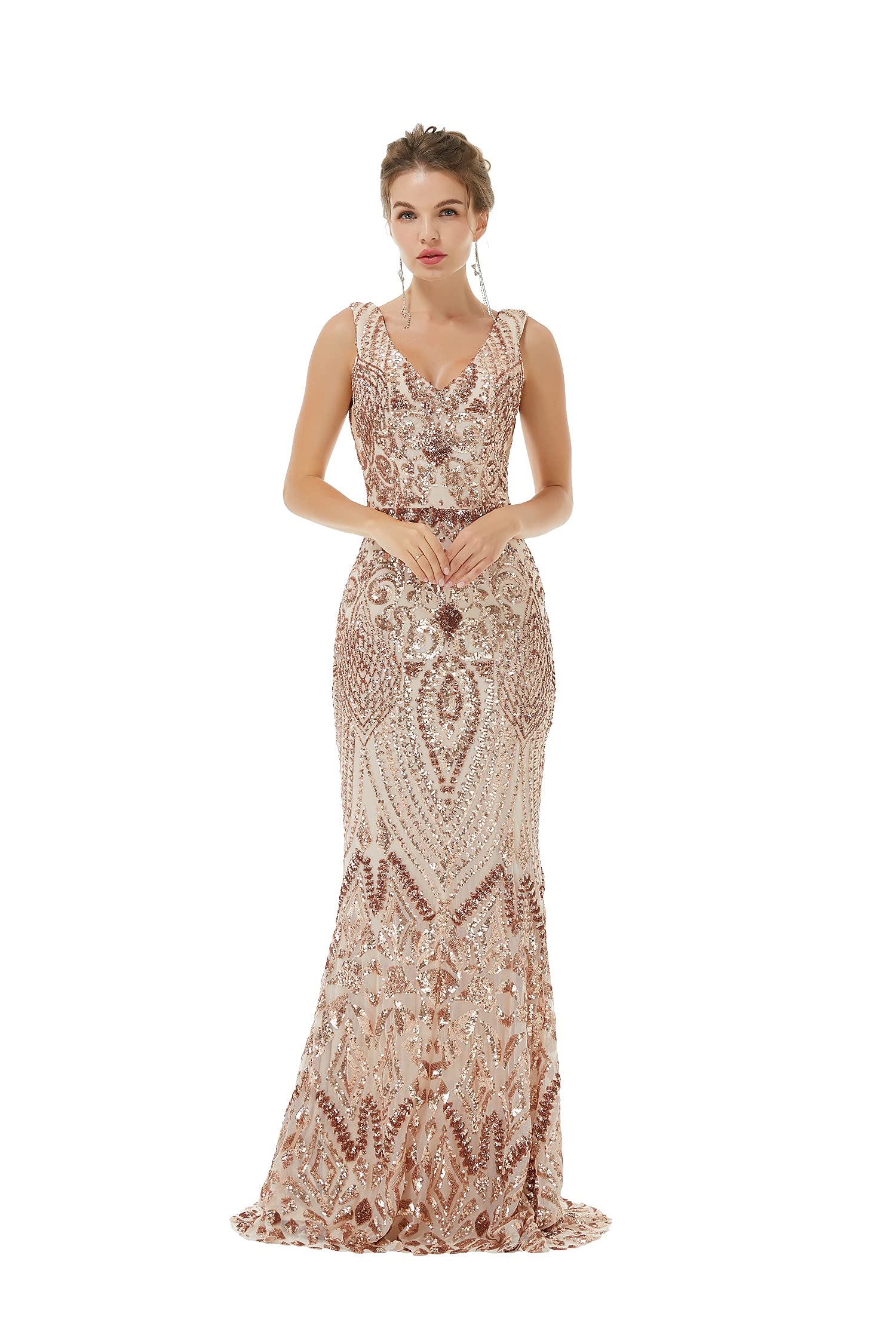 Sparkly Sequin V-Neck Mermaid Evening Dress for Women - Sleeveless Formal Prom Gown, Bridesmaid Dress for Weddings, Parties & Special Occasions
