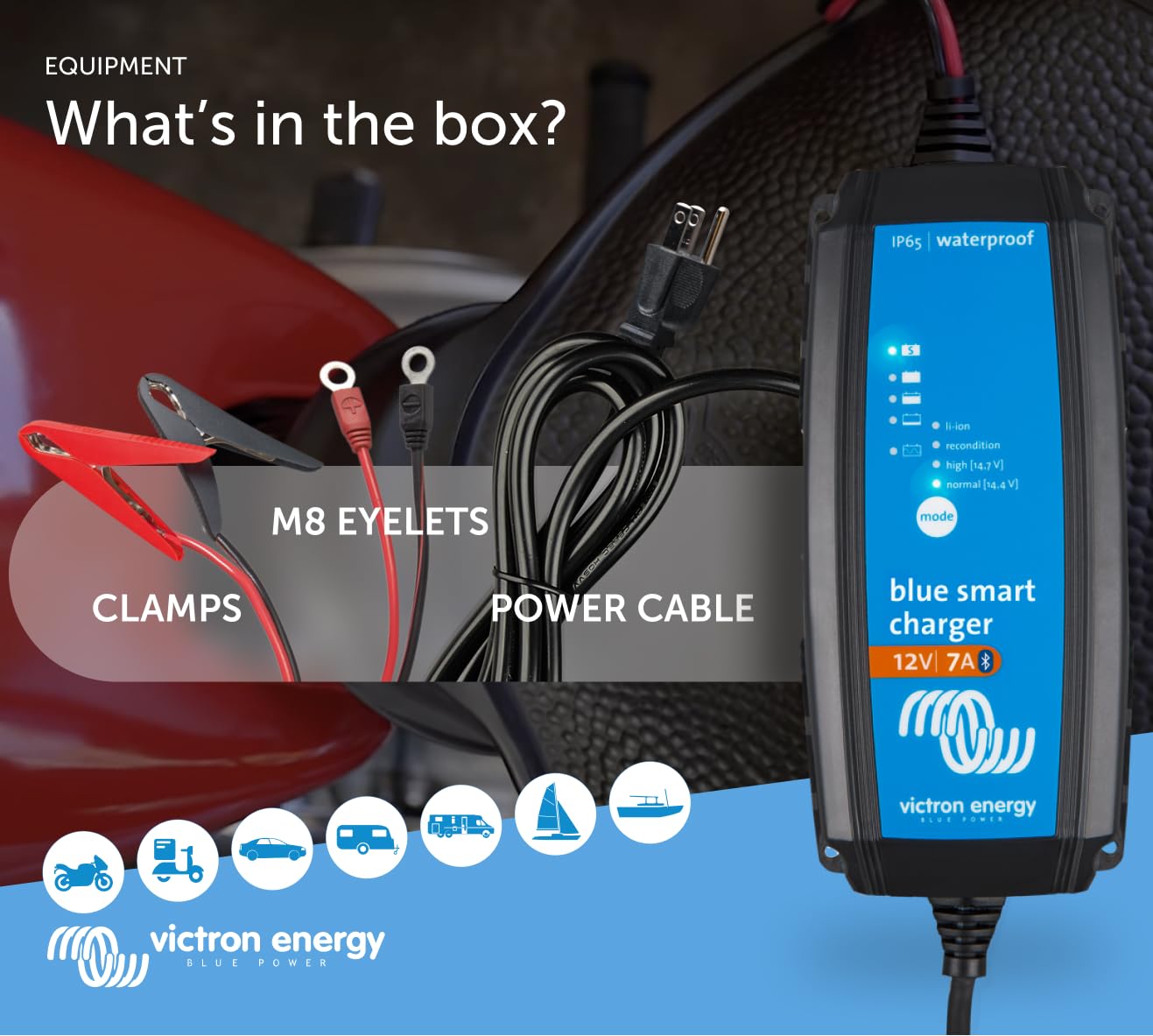Victron Energy Blue Smart IP65 12V 7A Smart Battery Charger - Waterproof Motorcycle, ATV, RV Battery Maintainer with Float/Trickle Charge & Desulfation for Lithium, Deep Cycle, Lead Acid Batteries - Perfect for Marine, Camping & Off-Grid Power Storage