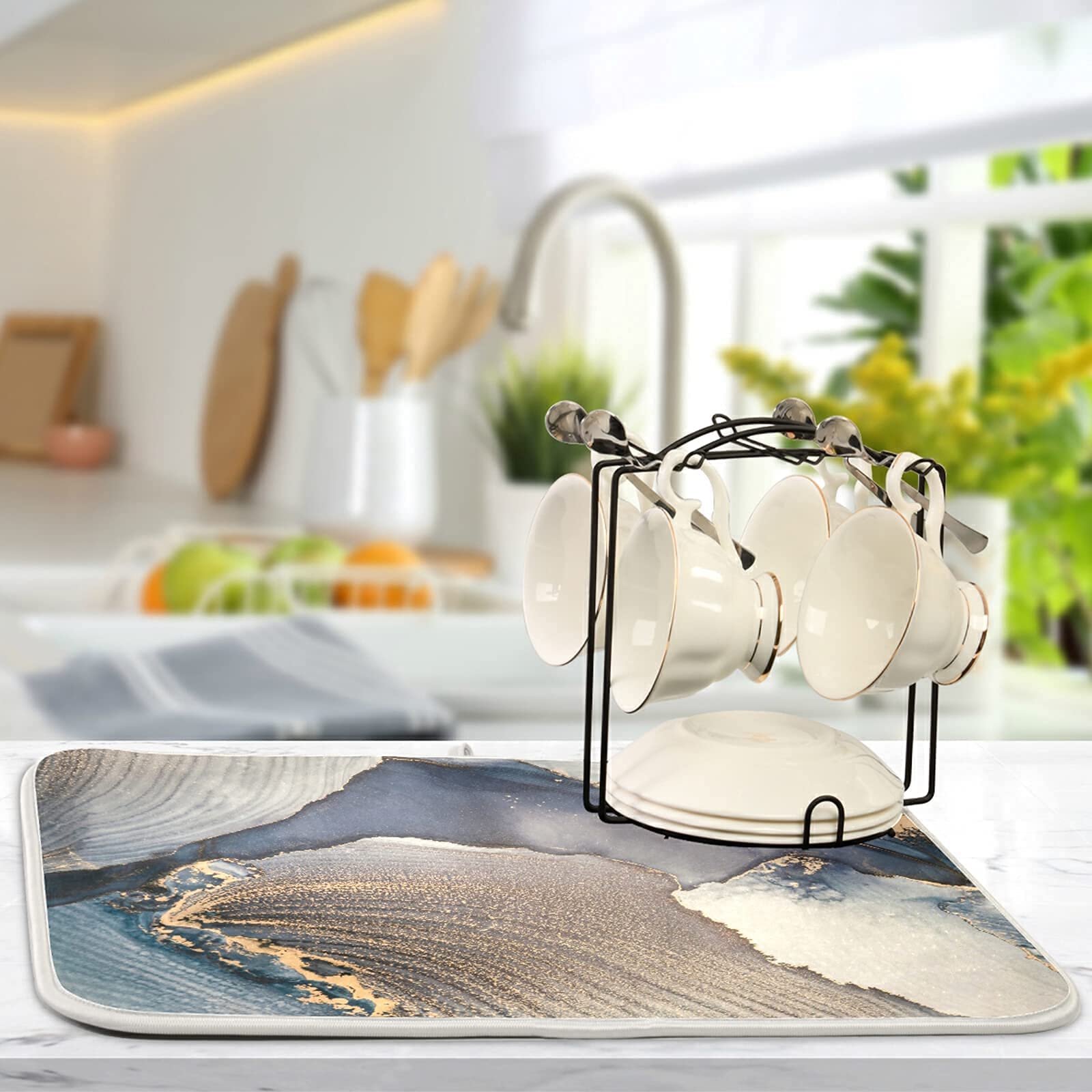 16x18 Inch Absorbent Dish Drying Mat - Non-Slip Kitchen Counter Mat for Dishes, Cups & Utensils | Marble Design for Stylish & Functional Kitchen Decor