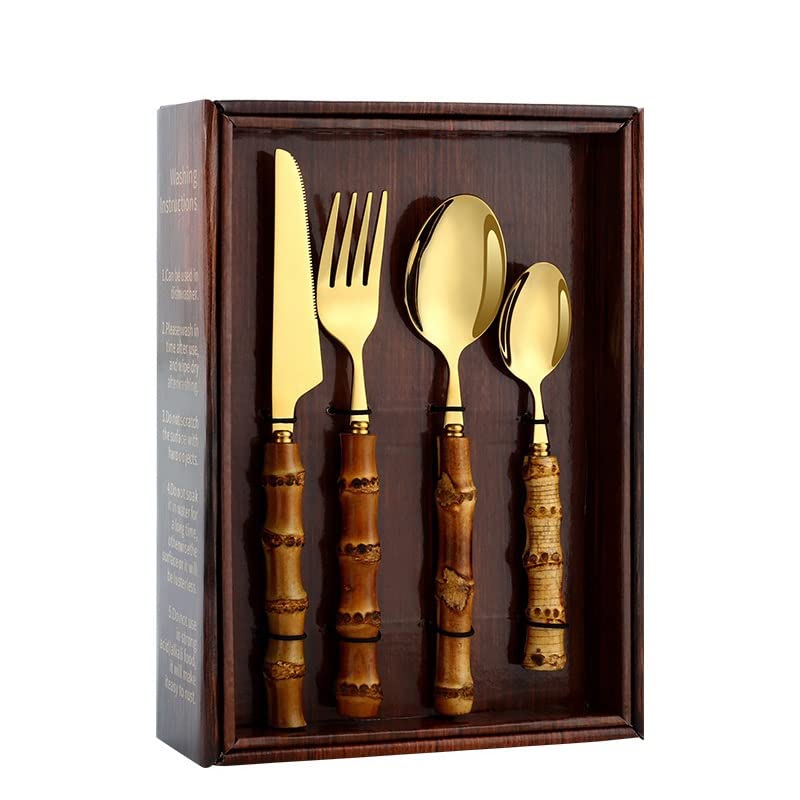 24-Piece Stainless Steel Silverware Set with Bamboo Handles - Includes Steak Knives, Forks, Spoons - Elegant Gift Box - Perfect for 6-Person Dinner Parties, Weddings & Holiday Gatherings (Gold)