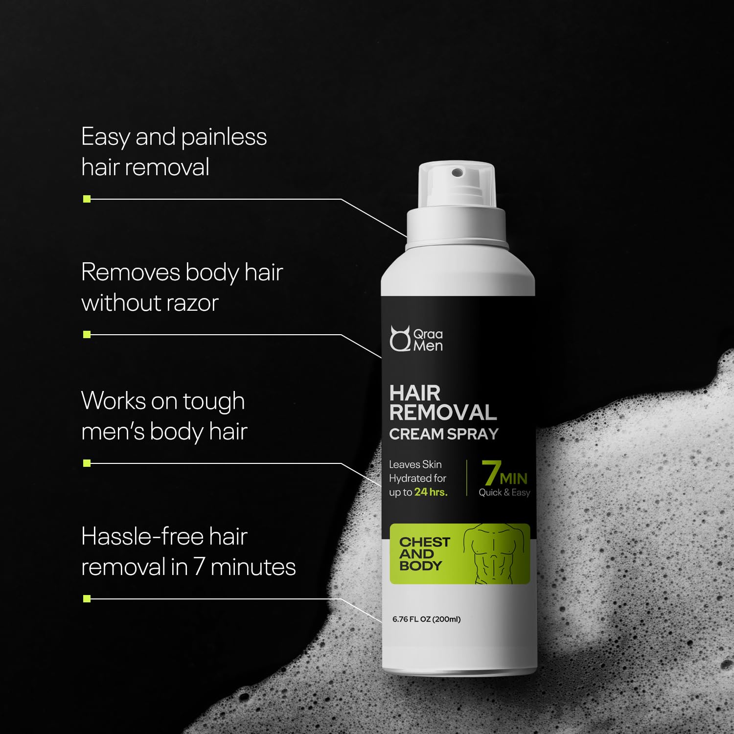 Qraa Men's Hair Removal Spray - Fast & Painless Body Hair Removal Cream for Chest, Back, Legs & Underarms | Works in 3-5 Minutes | Ideal for Smooth Skin at Home, Gym & Beach