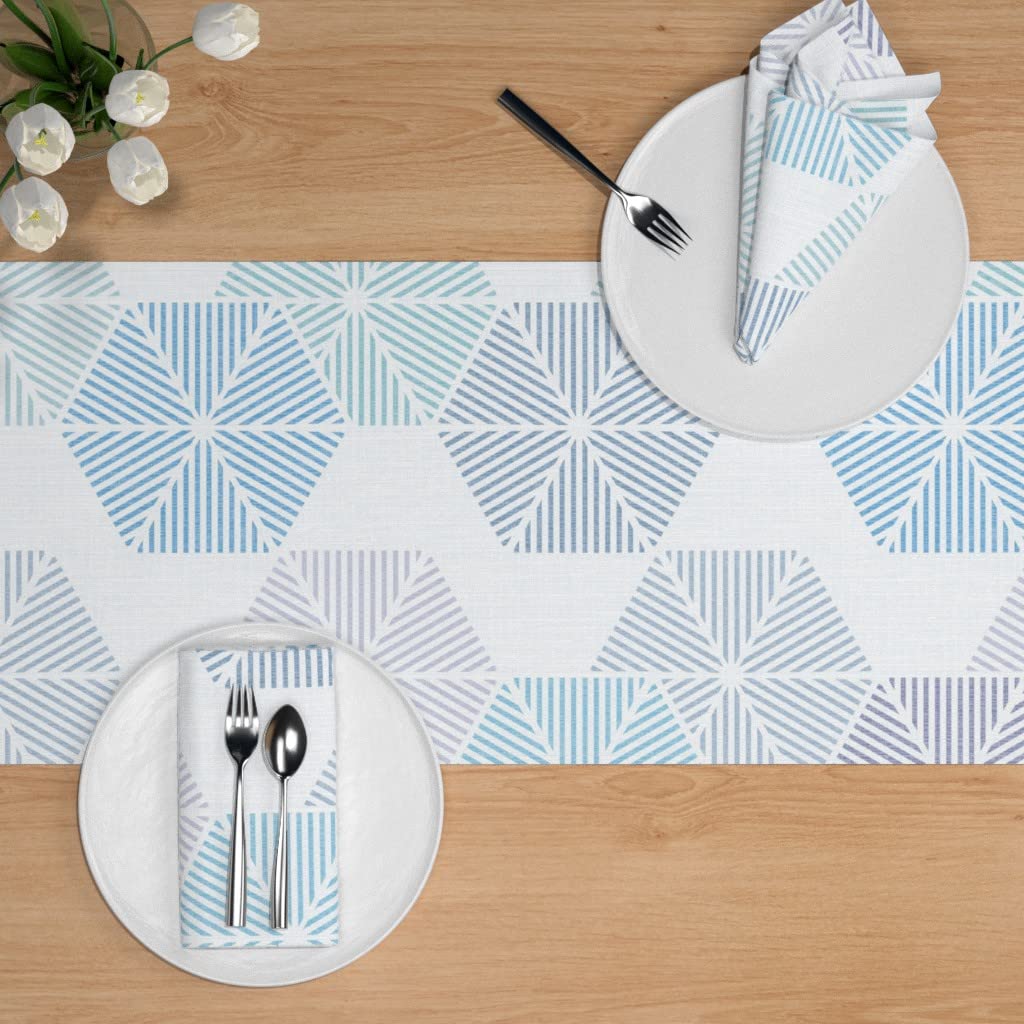 Custom Ice Crystal Geometric Blue Hexagon Print Cotton Sateen Table Runner - 108
