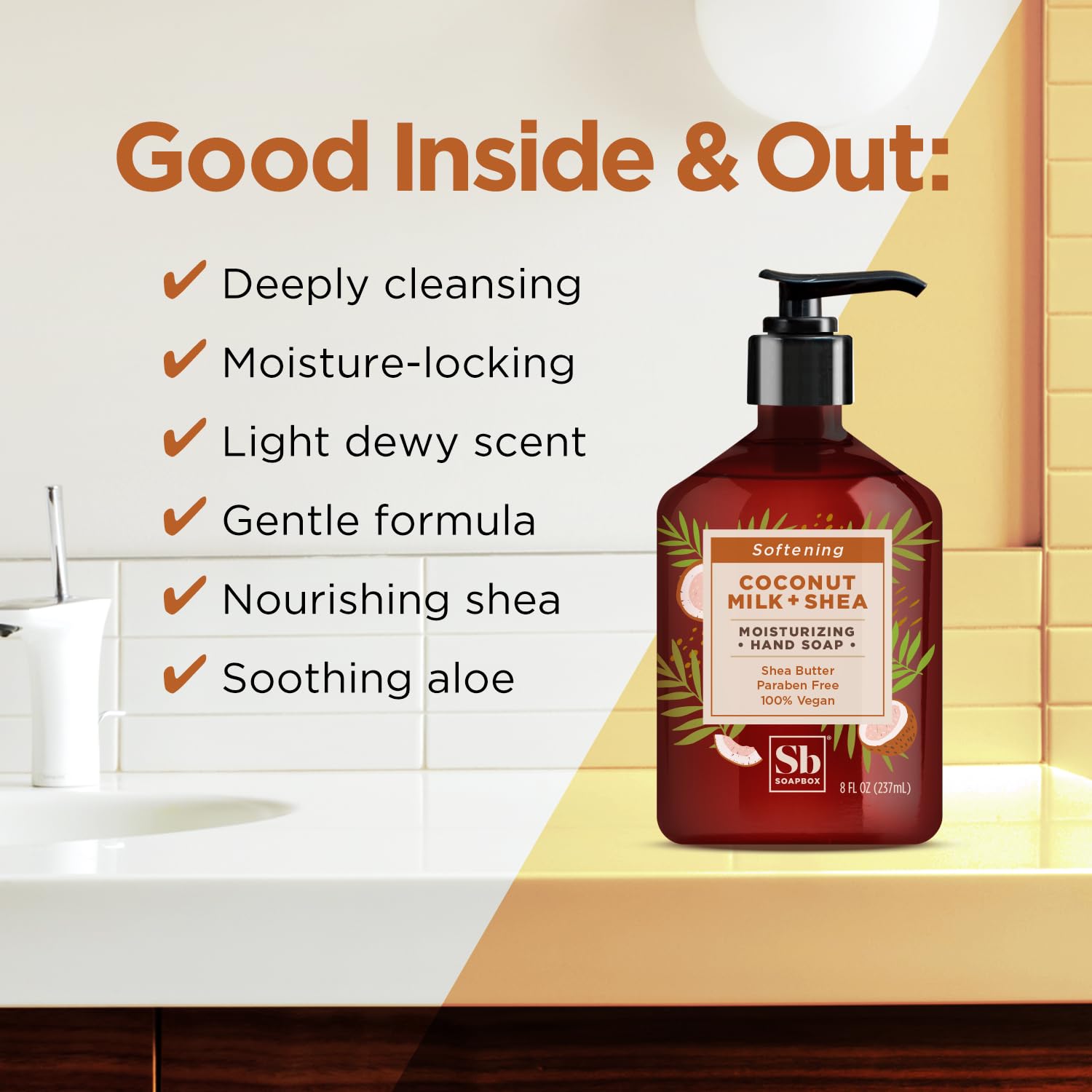 Soapbox Coconut Milk & Shea Butter Moisturizing Hand Soap - 6 Pack (8oz Each) with Pump Dispenser - Hydrating Bathroom & Kitchen Soap for Soft Hands - Perfect for Home, Office, and Guest Bathrooms