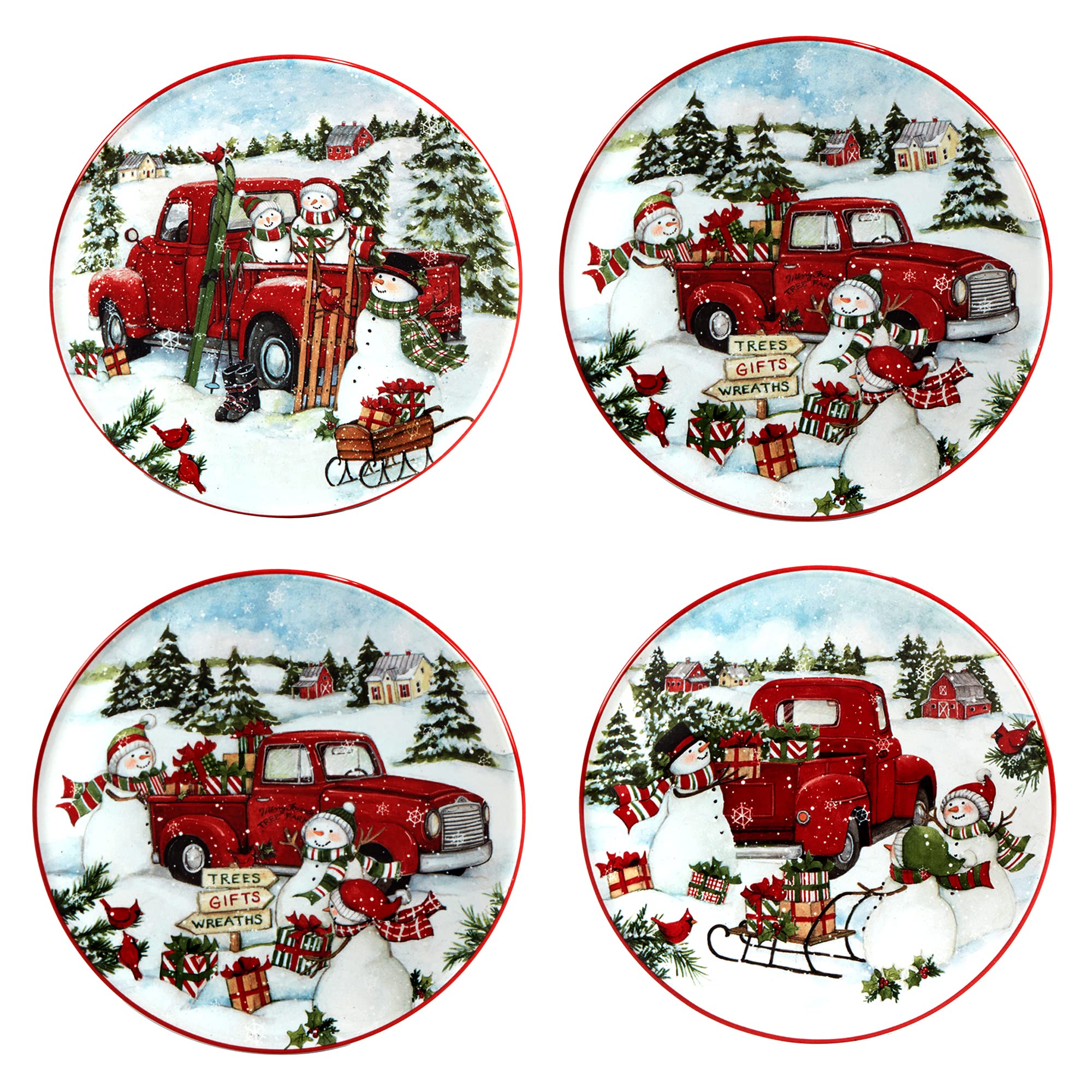 Certified International Red Truck Snowman 6-Inch Canape Plates - Set of 4 Small Multicolor Holiday Dessert Plates for Christmas Party, Luncheon, and Festive Gatherings