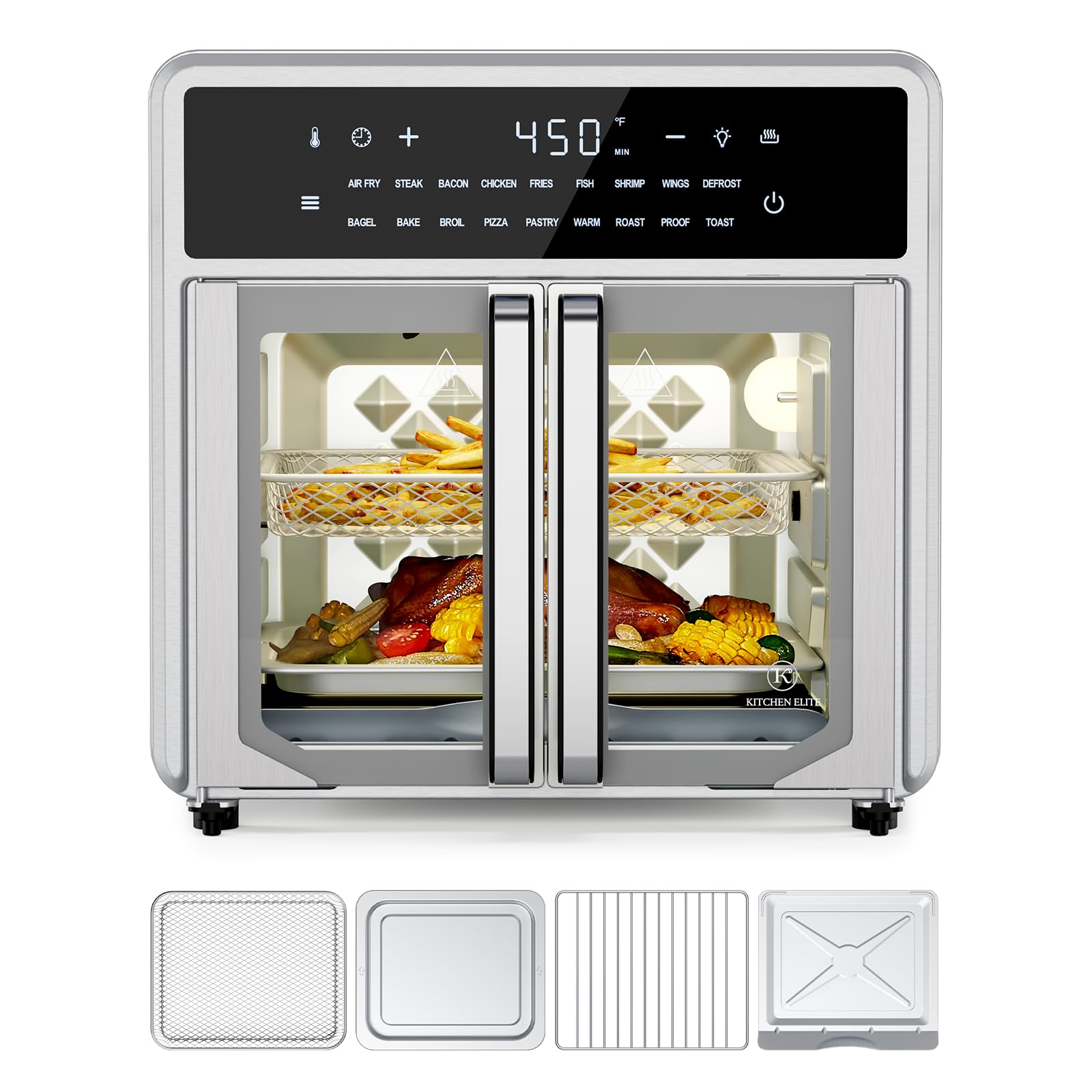 15.8QT Air Fryer Toaster Oven Combo with French Door - 18 Presets, Preheat & Interior Light - Includes Air Fryer Basket, Wire Rack, Baking Pan & Crumb Tray - Compact Stainless Steel Countertop Oven for Baking, Roasting & Healthy Air Frying