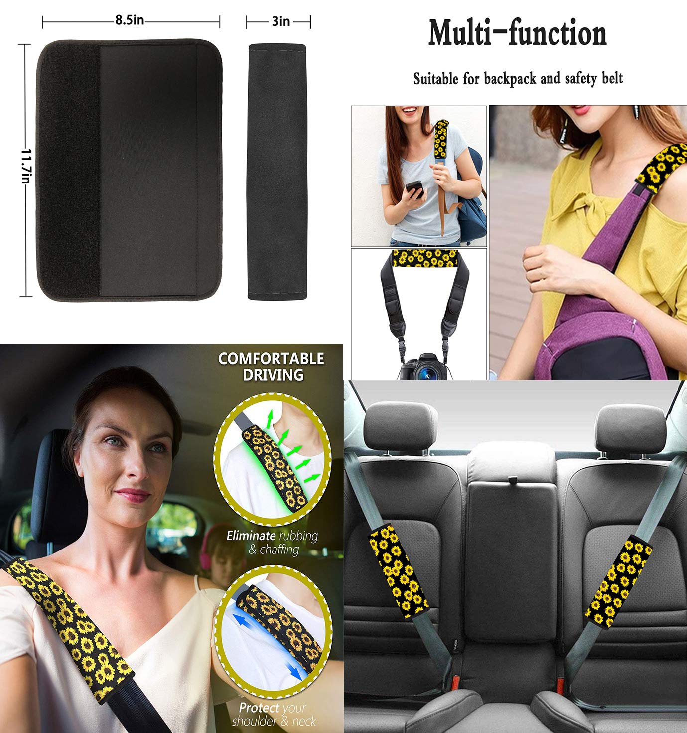 Biyejit Skull Sunflower Print 5-Piece Car Seat Protector Set - Universal Front Seat Covers, Steering Wheel Cover & Seatbelt Pads for SUV, Van, Sedan - Perfect for Road Trips & Daily Commutes