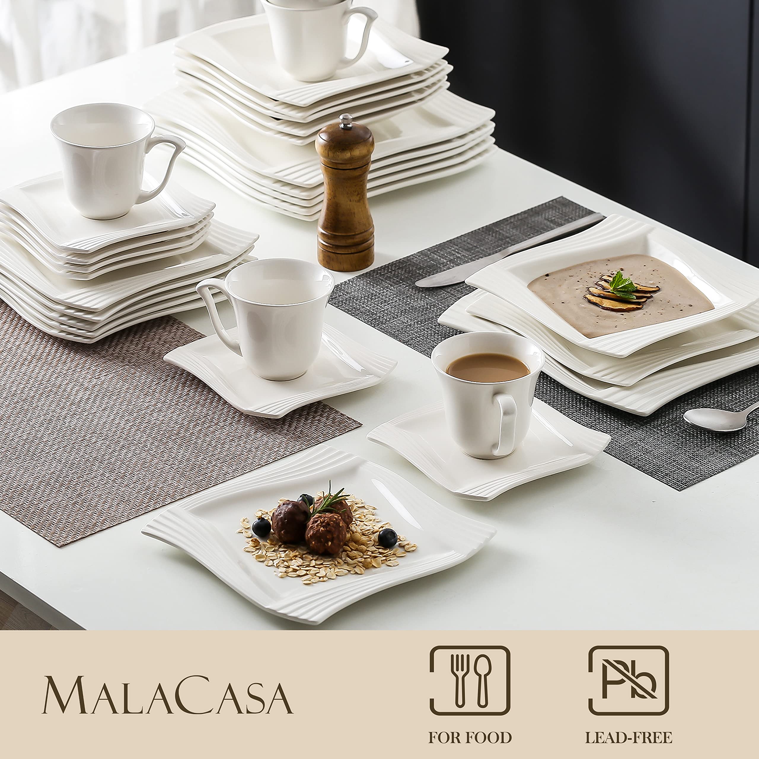 MALACASA 30-Piece Square Porcelain Dinnerware Set for 6 - White Plates, Bowls, Cups & Saucers - Elegant Ivory White Dish Set for Dining, Entertaining & Everyday Use - Series Amparo
