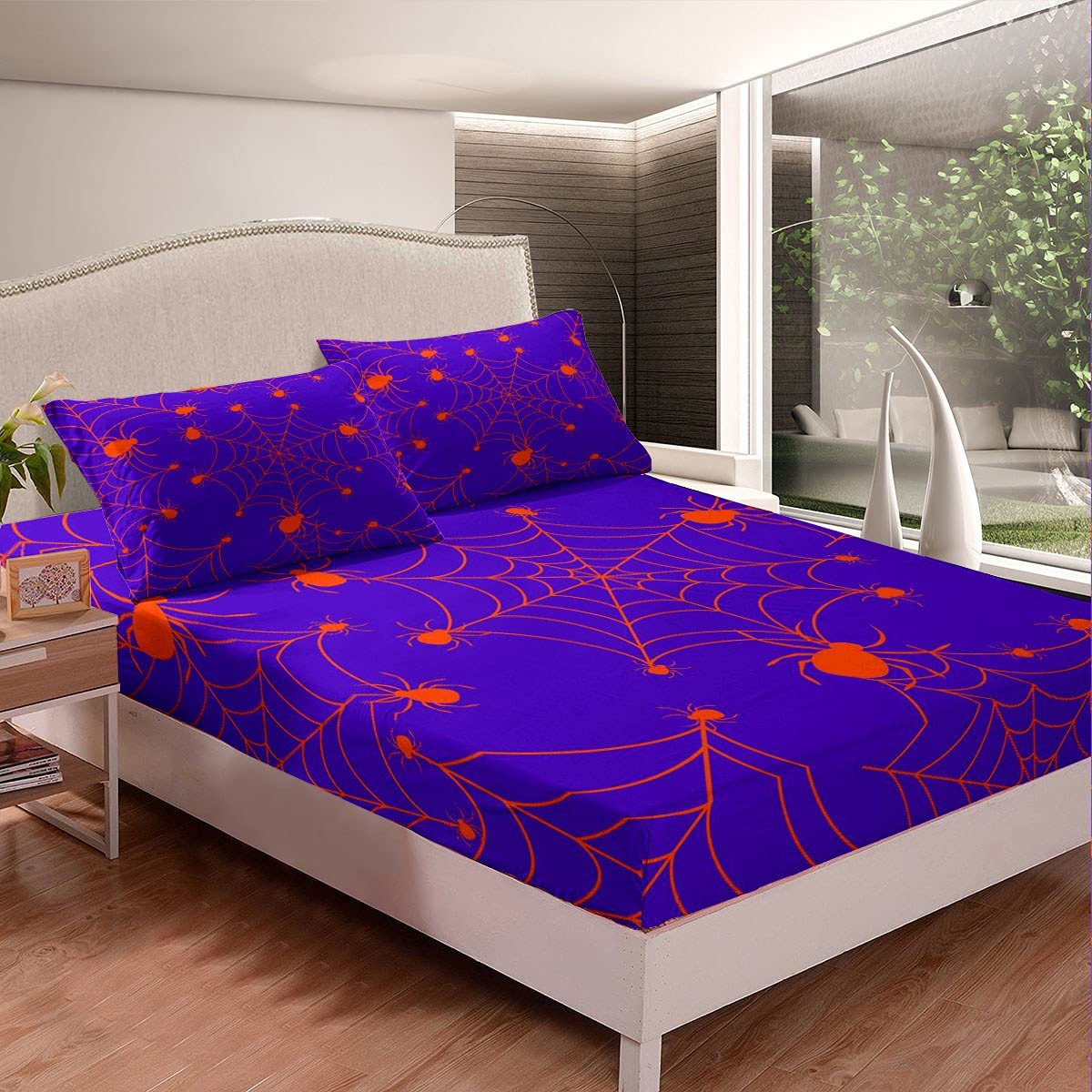 Spooky Halloween Spider Web Bedding Set - Queen Size Kids Bed Sheet for Boys & Teens - Blue & Orange Scary Theme - Breathable Fitted Sheet & Bed Cover - Perfect for Halloween Decor, Themed Bedrooms & Sleepovers