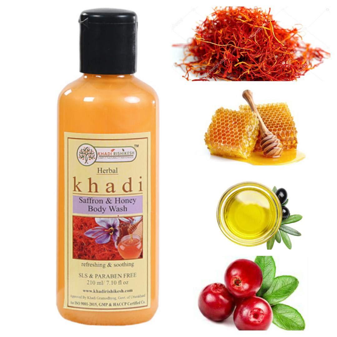 Khadi Rishikesh Saffron Honey Body Wash & Shower Gel - Moisturizing for Glowing, Radiant Skin with Olive Oil - Unisex 210ml - Refreshing Body Cleanser for Dry Skin - Perfect for Daily Shower & Spa Relaxation