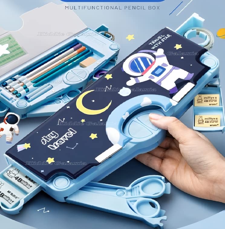 Galaxy Space Themed Pencil Case for Kids - School Supplies Organizer with Accessories (Blue Plastic Box) - Perfect for Classroom, Homework & Back to School Gifts