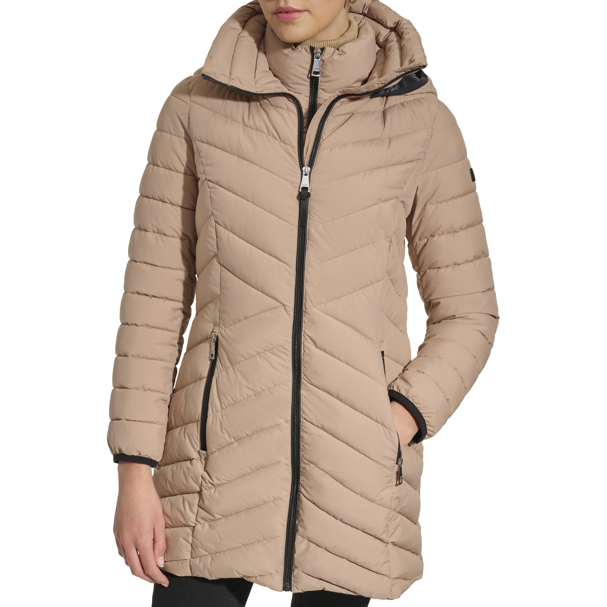 DKNY Women's Lightweight Puffer Jacket with Bib-Front Design - Stylish Winter Coat for Casual Outings & Outdoor Activities