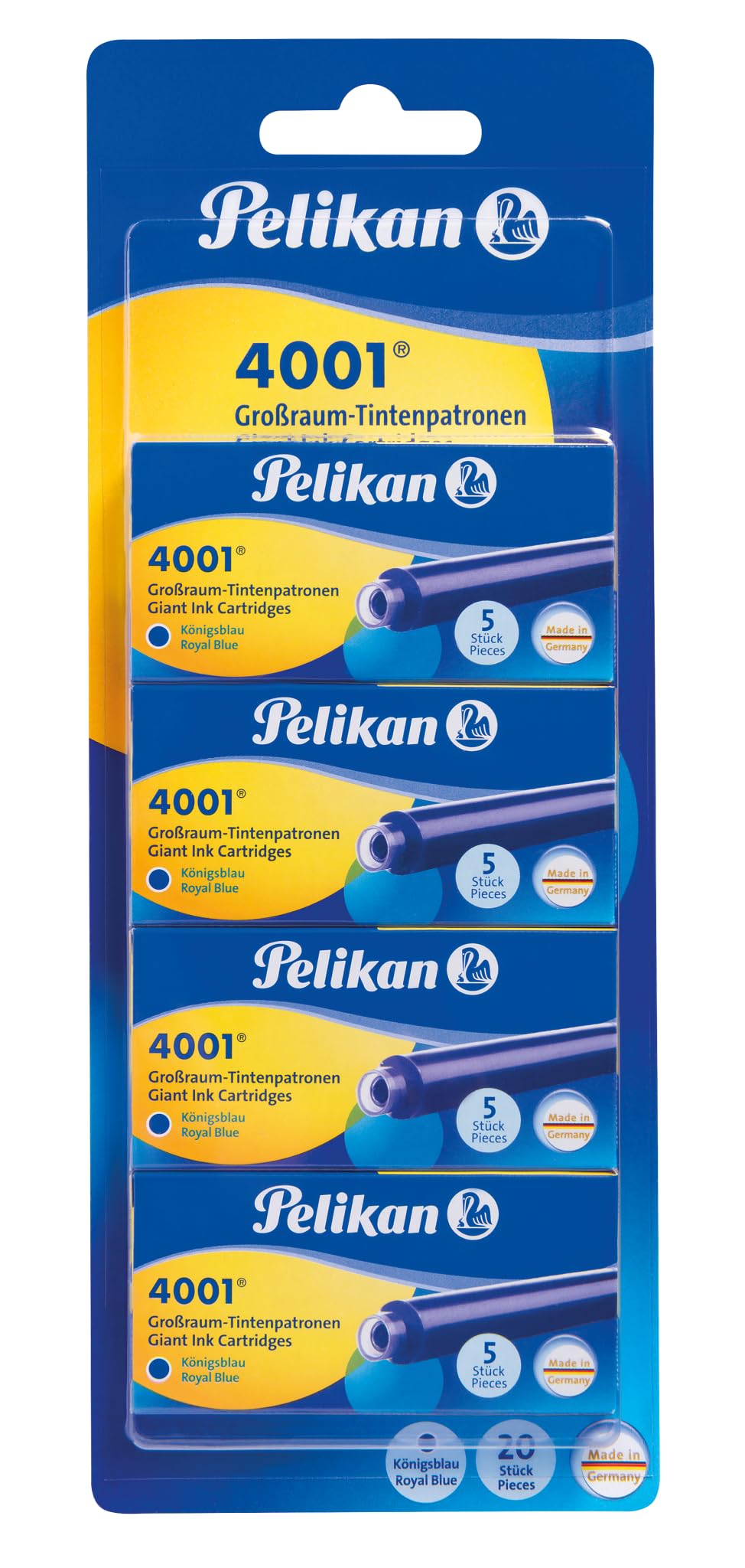 Pelikan 4001 Fountain Pen Ink Cartridges - Pack of 20 Blue Ink Refills for Fountain Pens | Perfect for School, Office & Calligraphy Writing