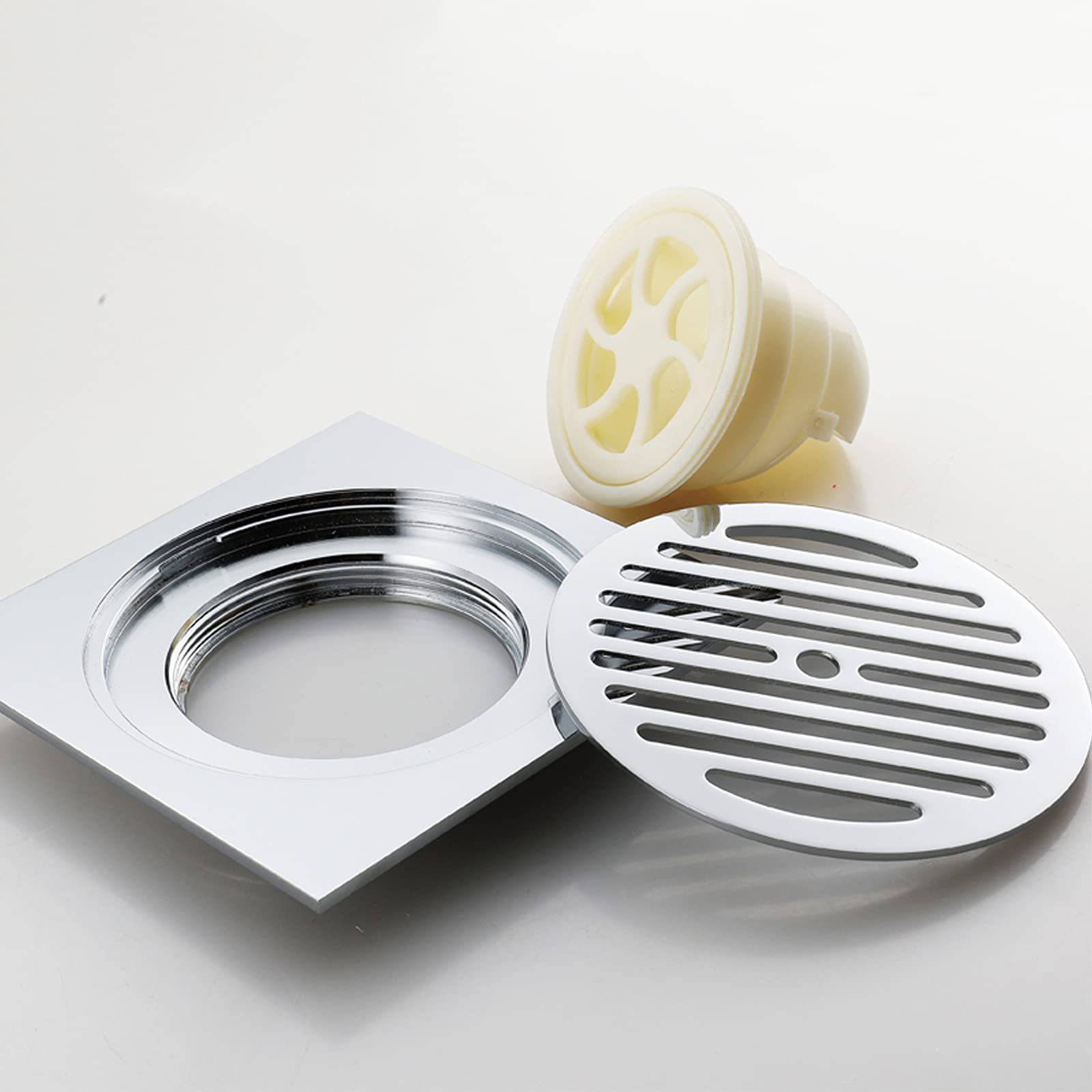 6 Inch Square Brass Shower Drain - Chrome Floor Drain with Removable Cover Grate for Bathroom & Shower | Durable Water Drainage Solution for Wet Rooms, Walk-in Showers, and Spa Areas