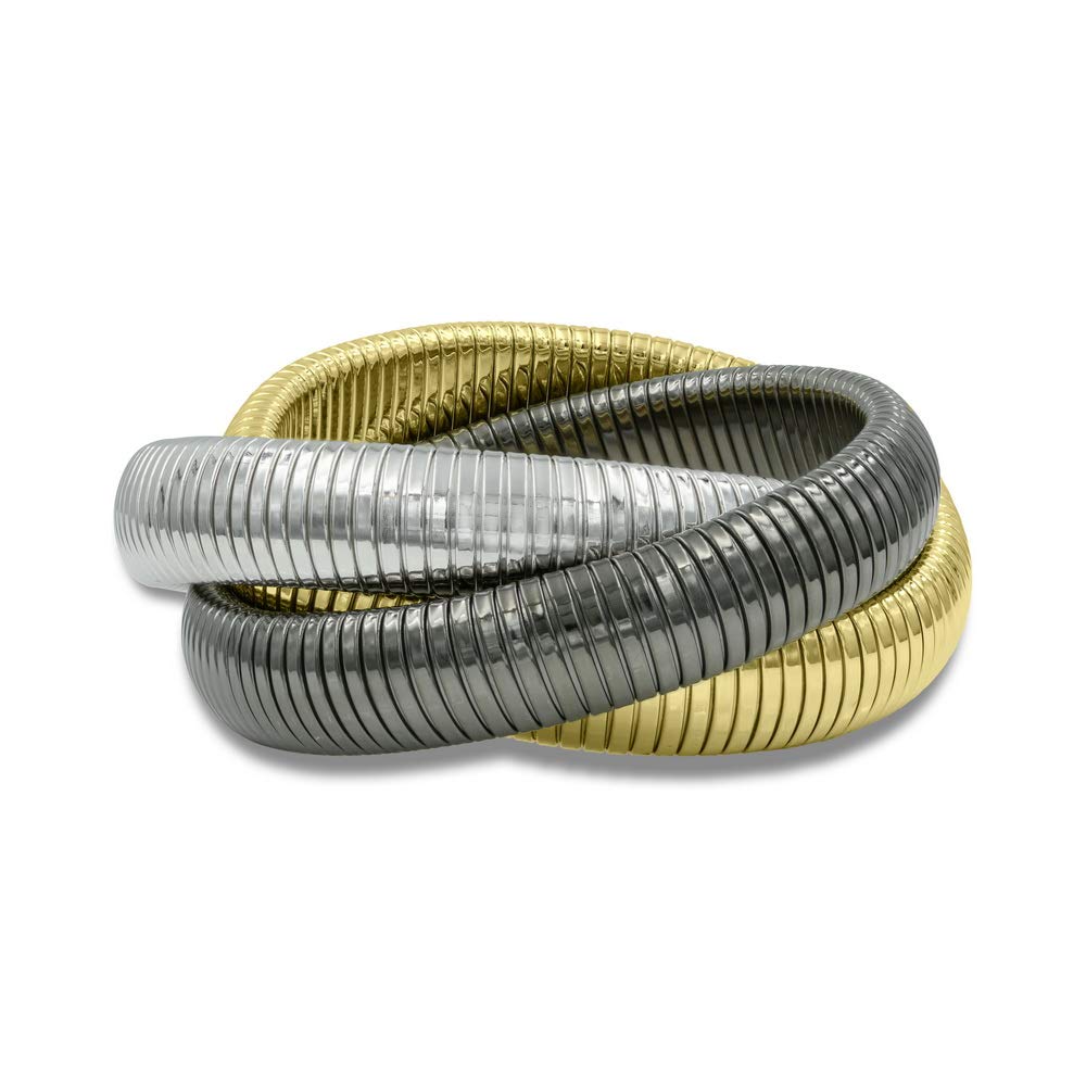 JR JOY & RACHEL 14K Gold Plated Black Rhodium Triple Twist Stretch Bracelet (6.75 Inch) - Elegant Stackable Jewelry for Women, Perfect for Parties, Weddings & Everyday Wear