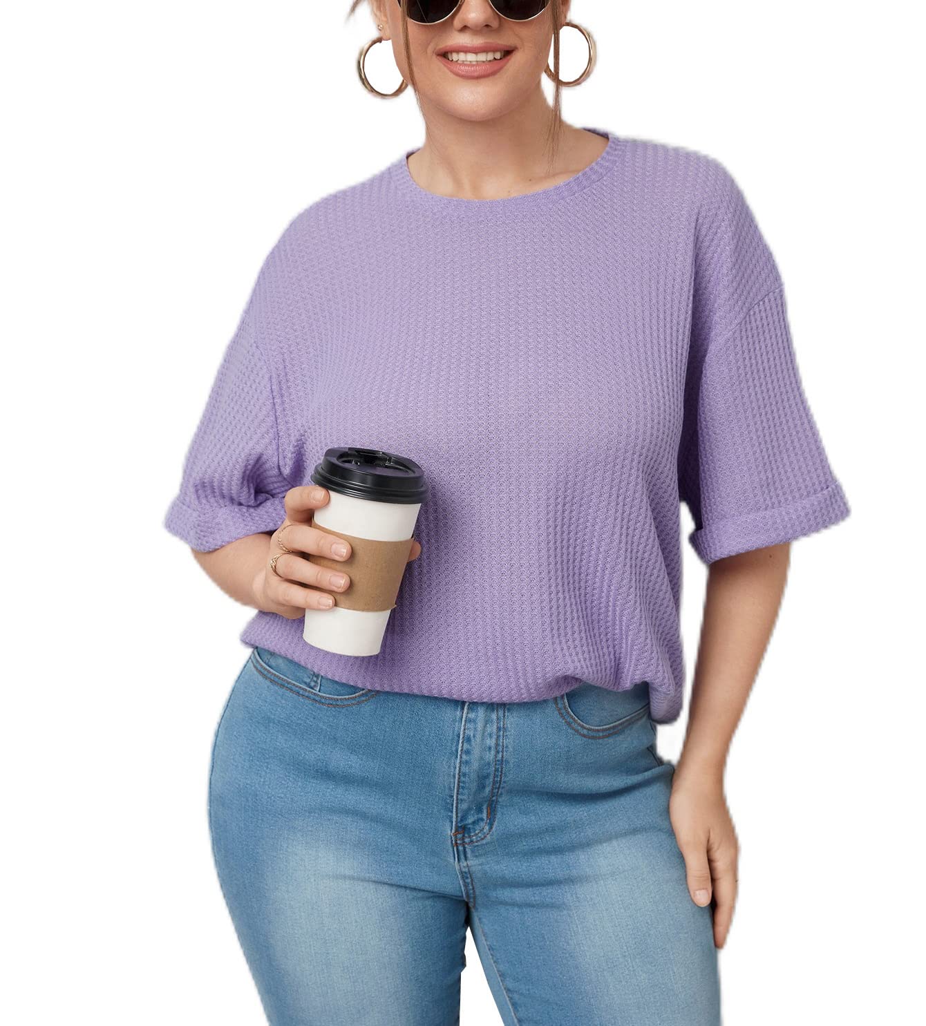 Plus Size Waffle Knit Drop Shoulder T-Shirt for Women - Casual Crewneck Half Sleeve Blouse - Perfect for Everyday Wear, Office & Weekend Outfits