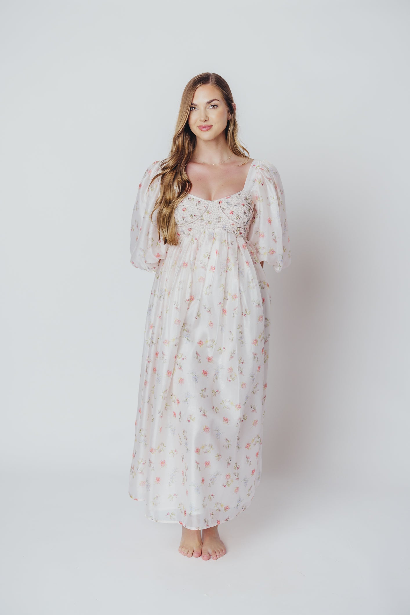 Harlow Maxi Dress - Tiny Pink Floral Print, Bump Friendly Maternity Dress, Inclusive Sizing S-3XL | Perfect for Summer Weddings, Beach Vacations & Casual Outings
