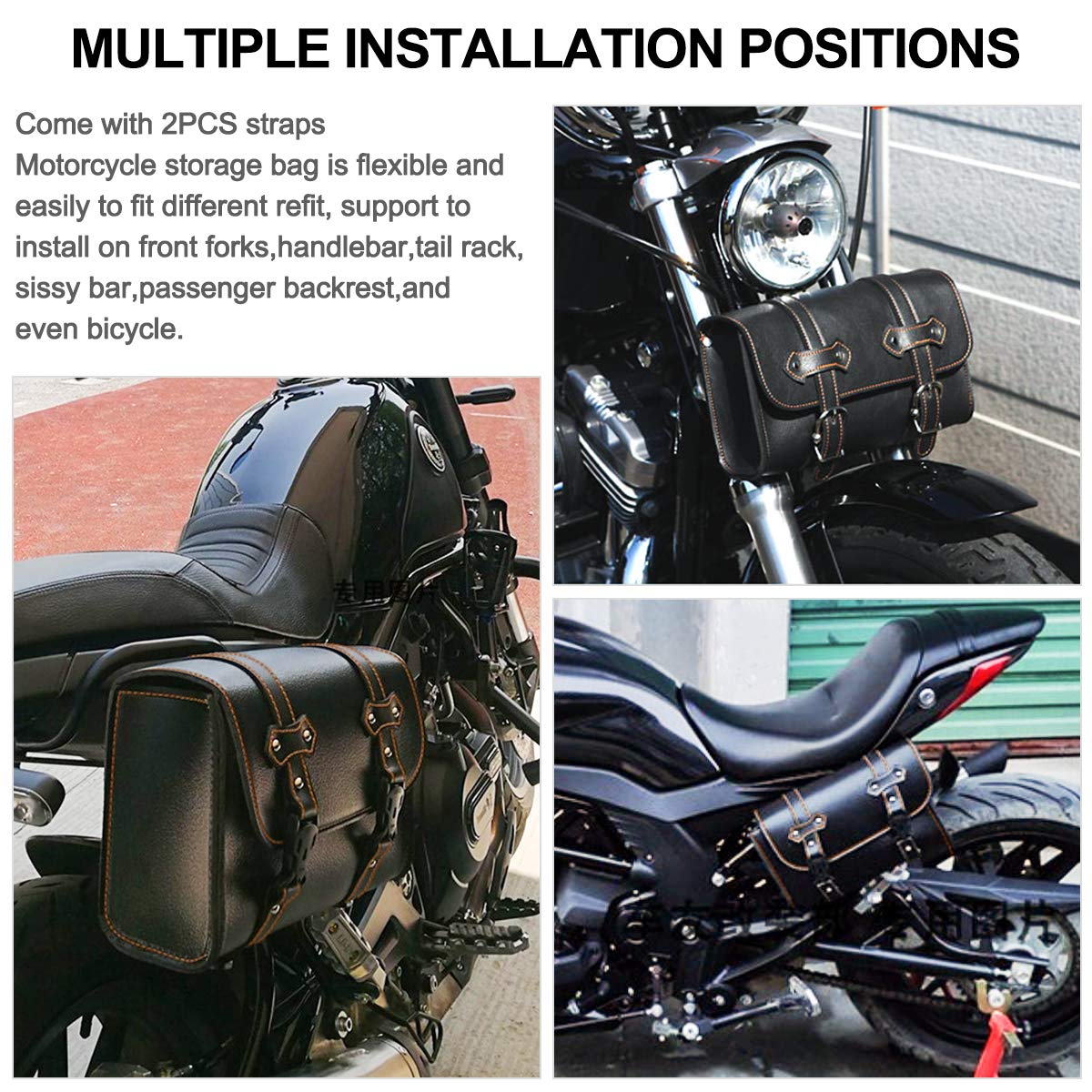 Universal PU Leather Motorcycle Tool Bag - Waterproof Fork Bag & Sissy Bar Storage for Honda, Kawasaki, Suzuki, Yamaha, Sportster - Large Black Handlebar Saddlebag for Road Trips & Daily Commuting