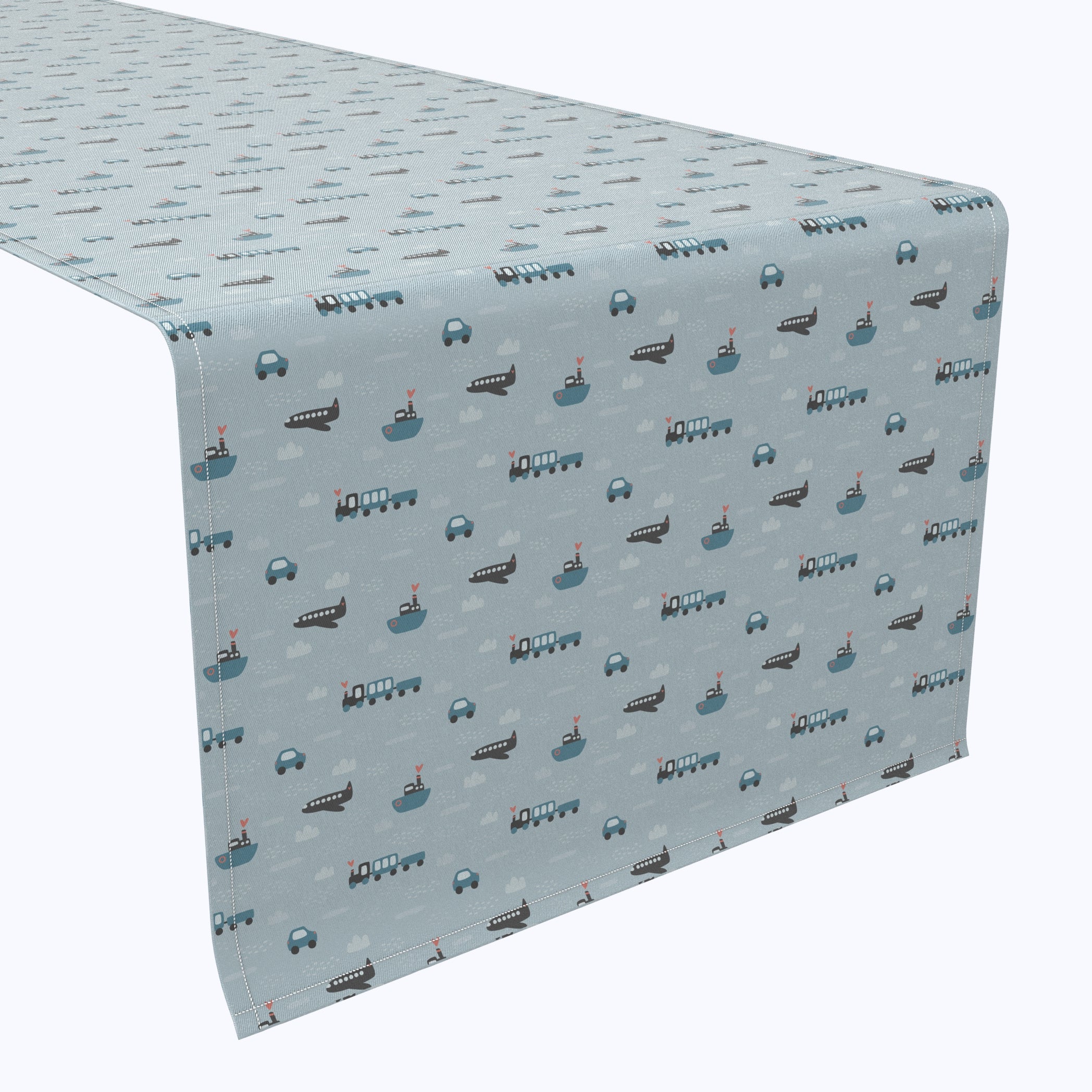 Blue Transportation Vehicles Cotton Table Runner - Decorative Dining Table Cover for Kids Birthday Party, Baby Shower & Themed Events