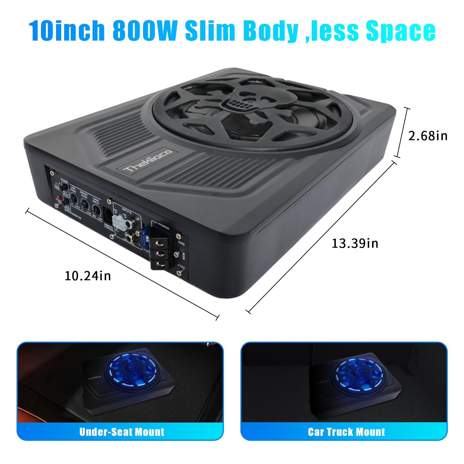 800W Slim Under Seat Car Subwoofer with Built-in Amplifier - 8