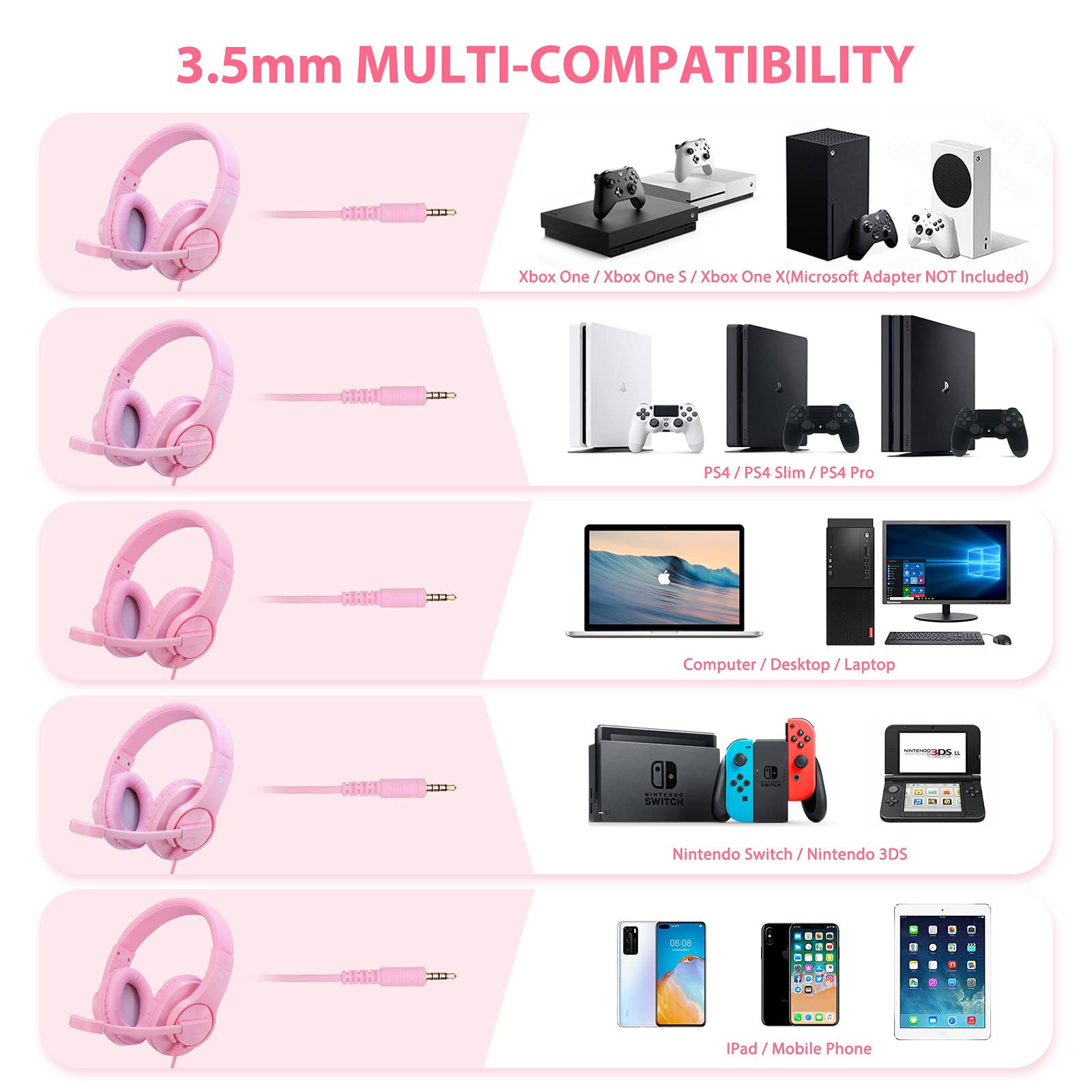Kriogor Pink Gaming Headset for Girls with Microphone - 3.5mm Wired PC Headphones Compatible with PS4, Xbox One, Laptop & Computer - Perfect for Online Gaming, Streaming & Video Calls