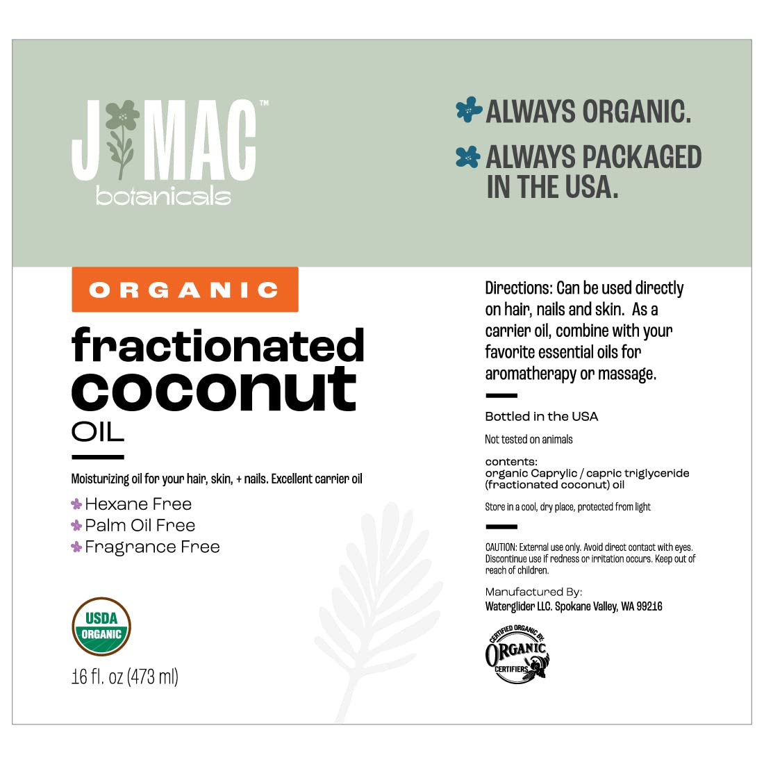Organic Fractionated Coconut Oil 16 Oz - Pure Carrier Oil for Essential Oils, Hair & Skin Care - Leave-In Conditioner for Dry Damaged Hair, Massage & Aromatherapy - J MAC BOTANICALS (Perfect for DIY Beauty Recipes & Relaxing Spa Treatments)